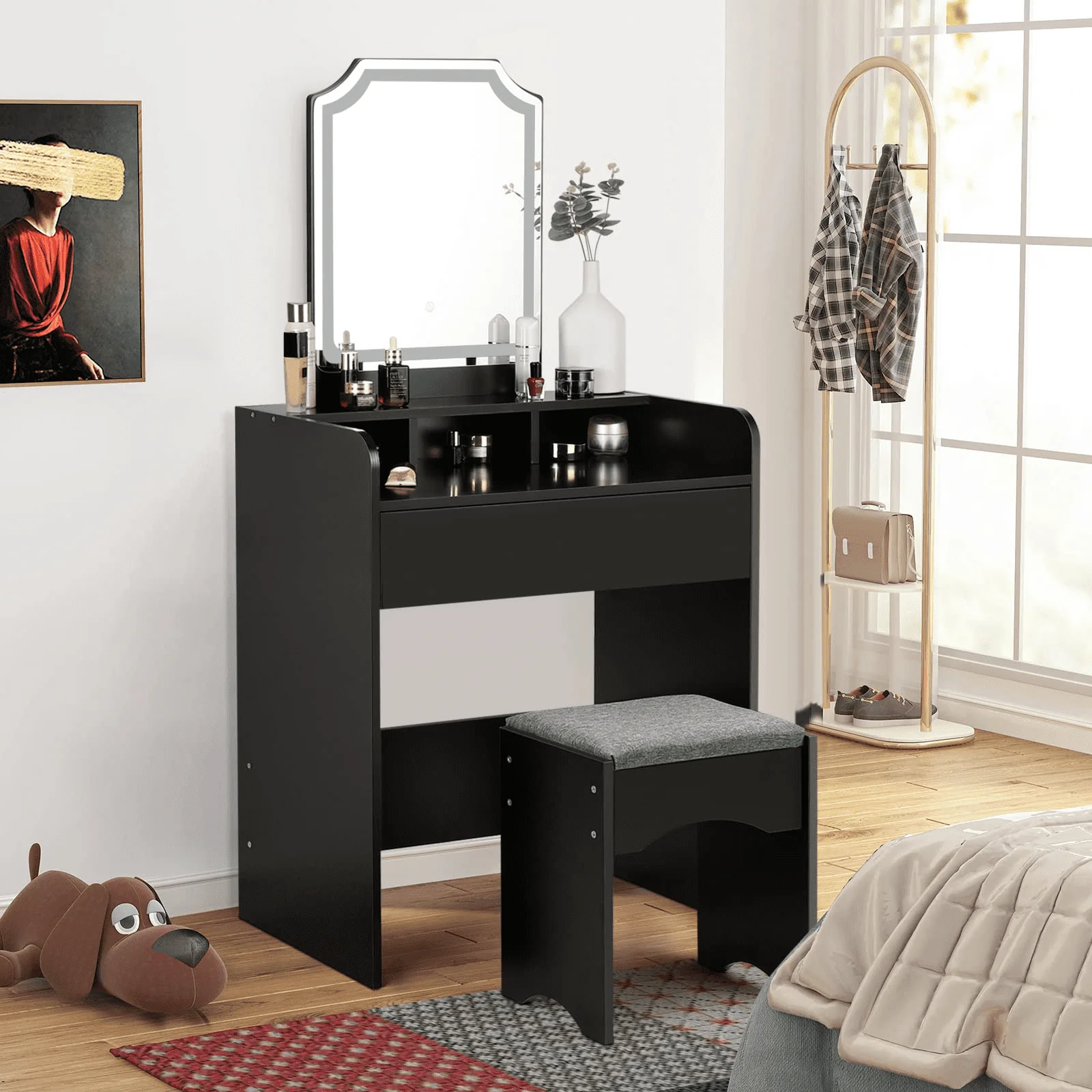 Vanity Desk Makeup with Lights 3 Color Adjustable Brightness Black