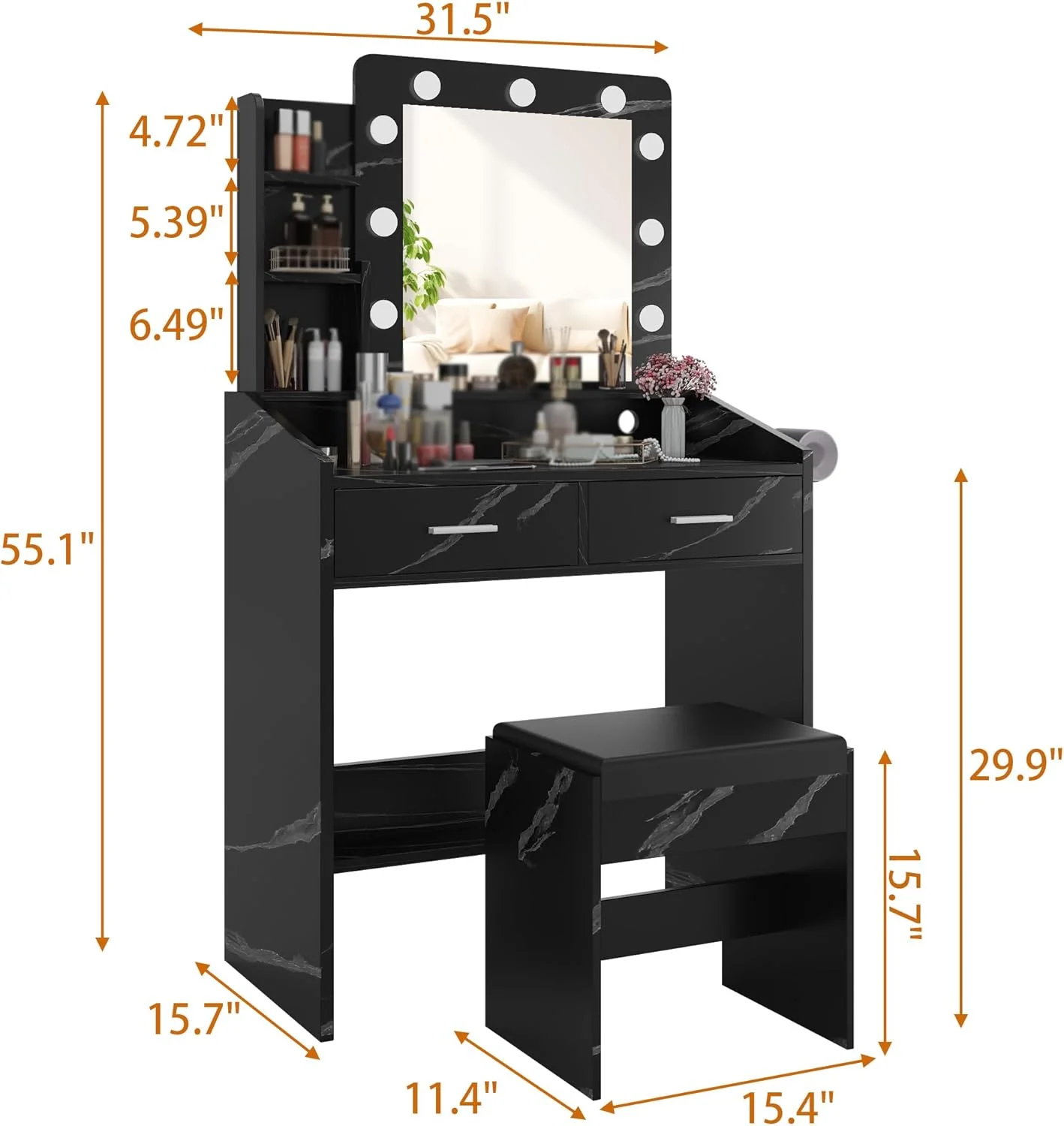 OYang Makeup Vanity with Lights, Vanity Desk with Mirror and Lights Set, Large Drawer and Two-Tier Lots Storage Cabinet, 3 Lighting Modes Adjustable Brightness