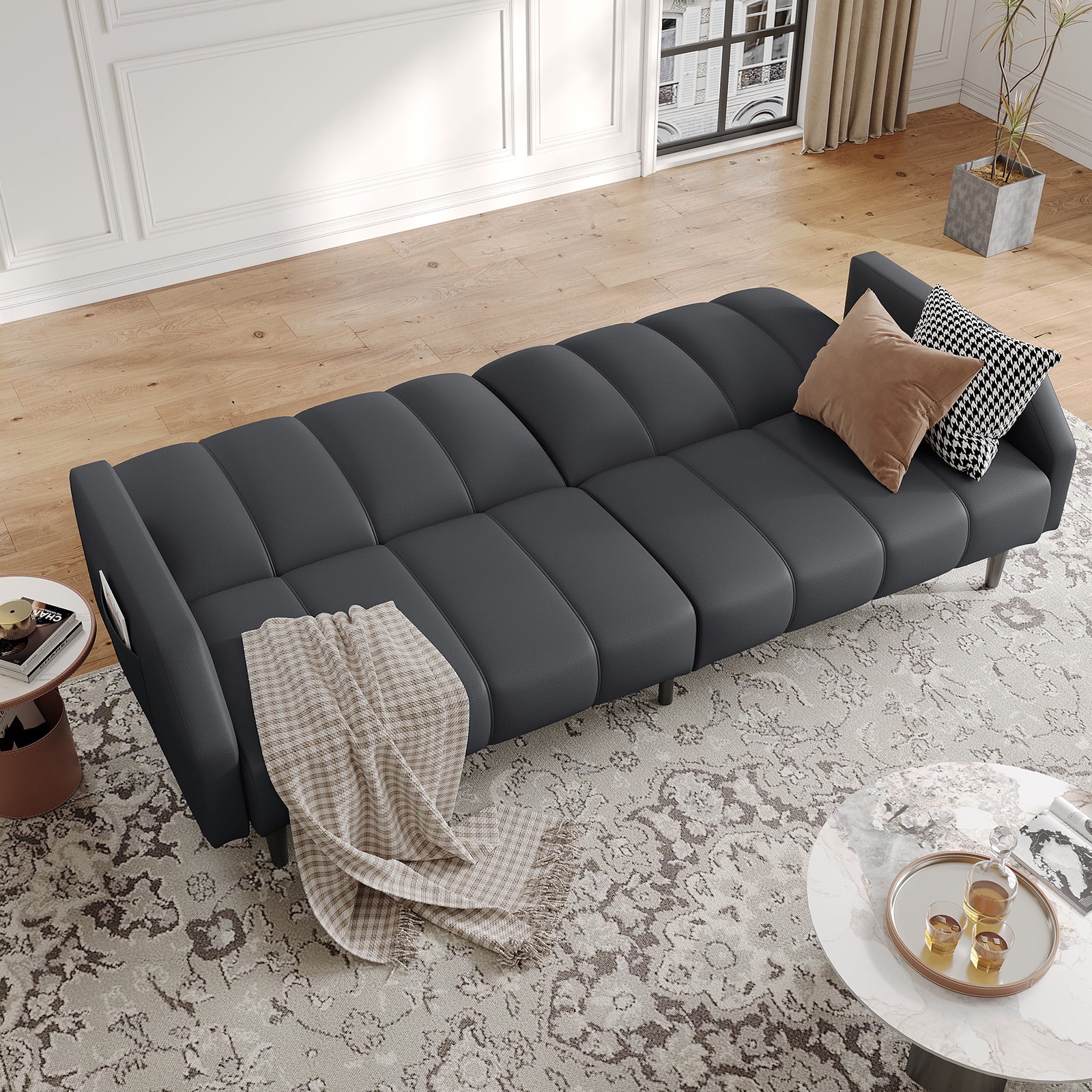 COPIAE Faux Leather Sofa Bed, 78�� Futon Sofa Bed, Adjustable Futon Set Backrest, Sleeper Sofa Couch, Modern Decor Love Seat Couches, Upholstered Couch for Living Room, Bedroom, Dark Gray