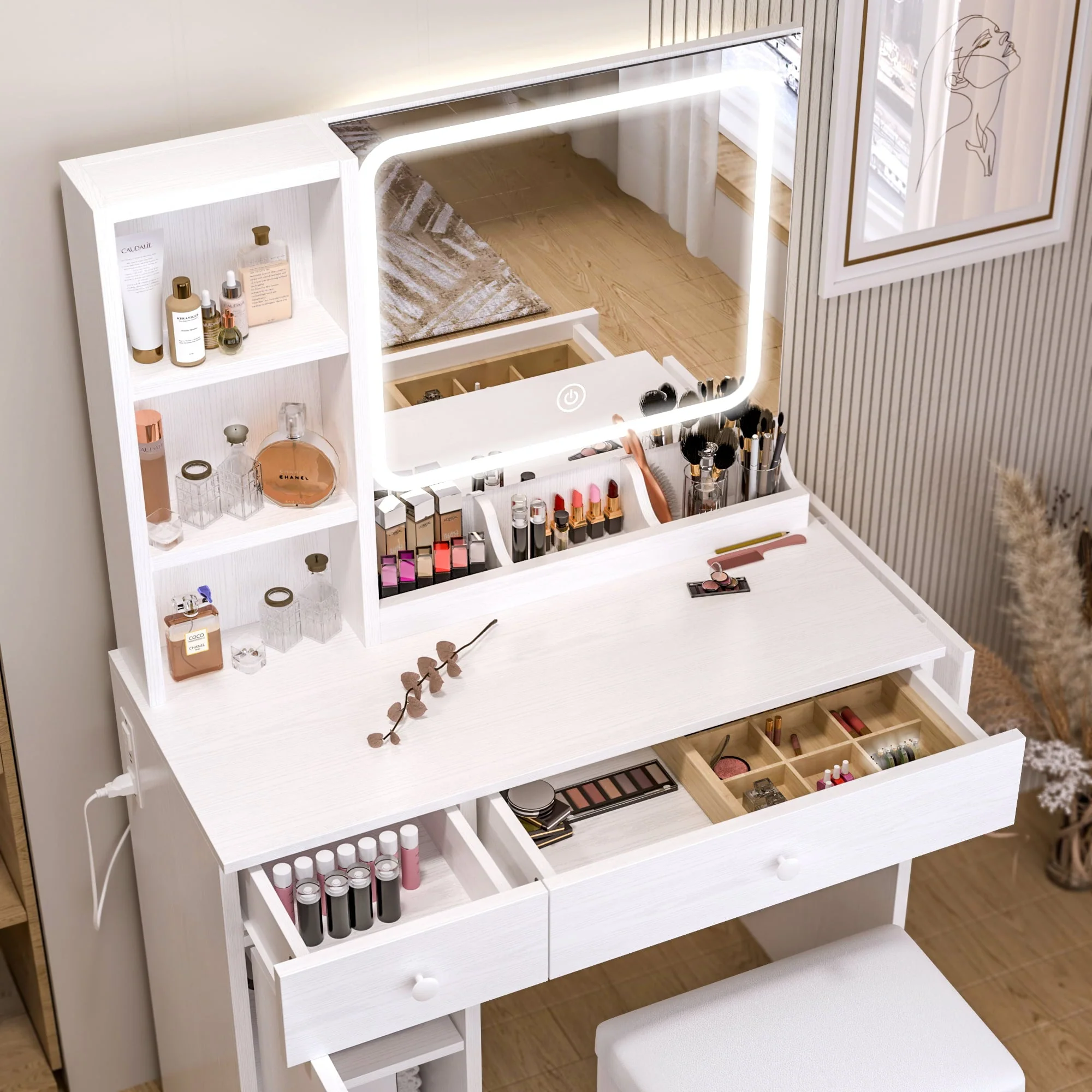 IRONCK Vanity Desk with LED Lighted Mirror & Power Outlet, Makeup Table with Drawers & Cabinet,Storage Stool,for Bedroom, White