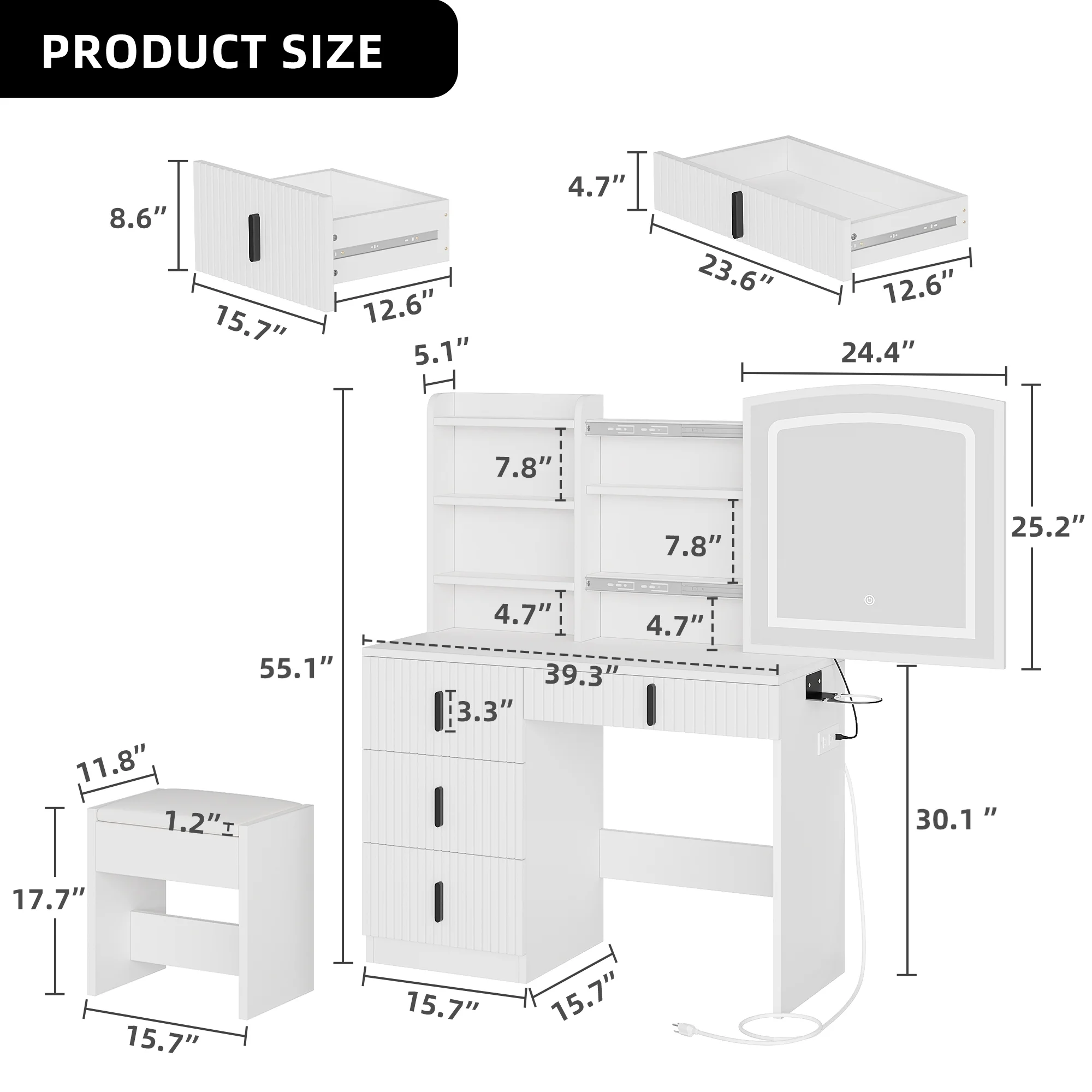 Dextrus Vanity Table Set with LED Lighted Mirror & Stool, Dressing Table with Sliding Mirror & Charging Station , Makeup Table with Storage Shelves & Drawers, White Vanity Desk for Bedroom, White