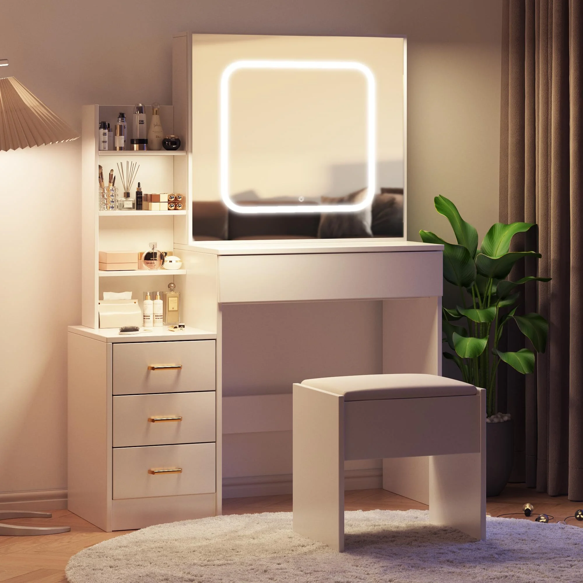 Vanity Desk with Sliding Mirror & Lights, Makeup Vanity Set with Charging Station 4 Drawers 7 Shelves, Large Vanity Set with Cushioned Stool for Bedroom, White