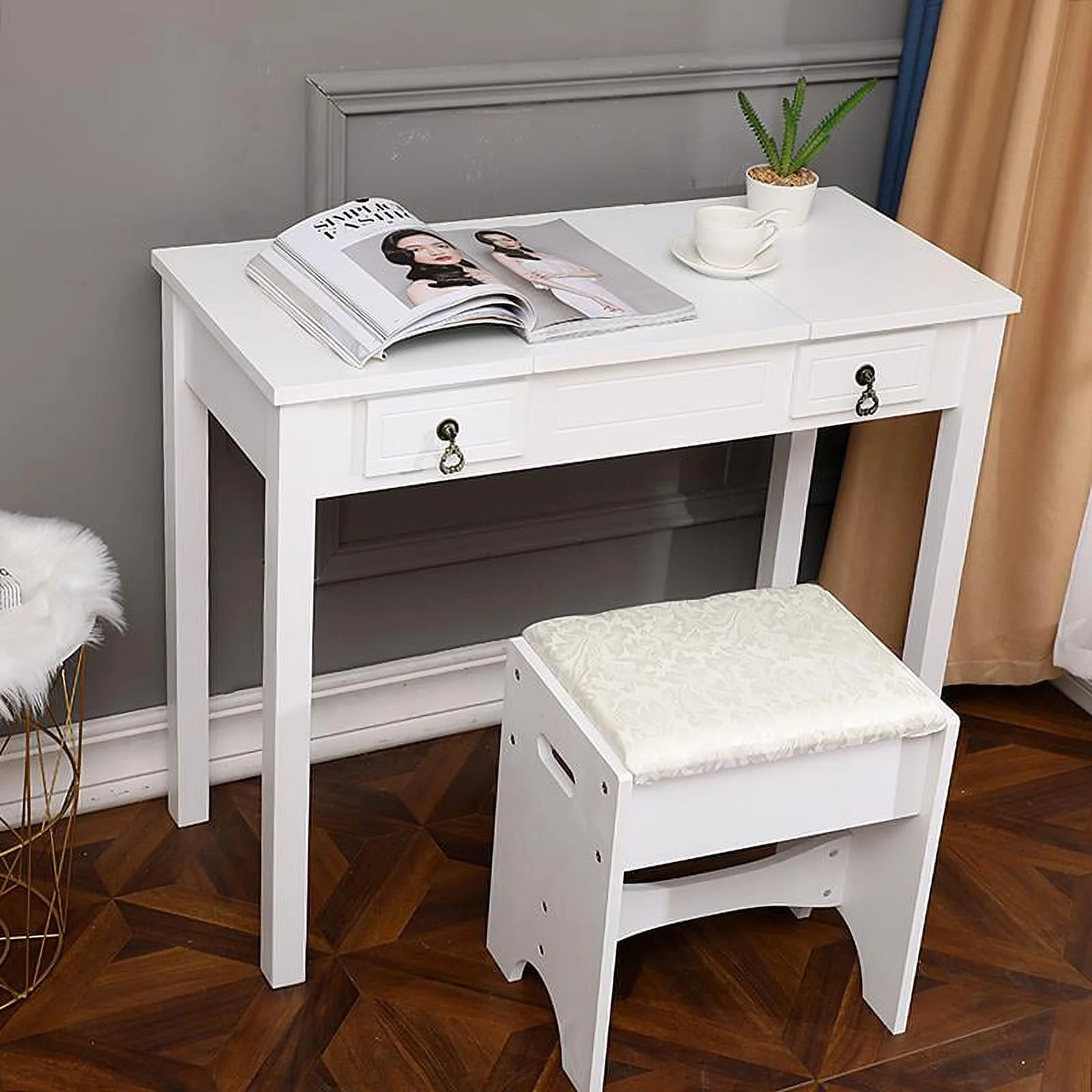 Ktaxon Vanity Set,Flip-top Mirror Dressing Table Makeup Vanity Table Writing Desk with 2 Drawers and Stool, White