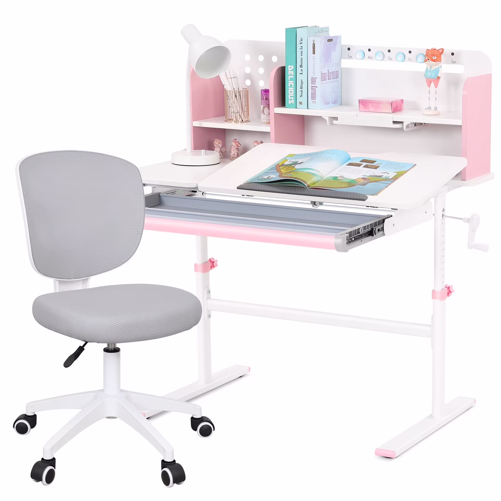 Adjustable Height Ergonomic Kids Study Desk & Chair Set Children Students Drafting Table Home School with Shelf,Drawer(Gray)