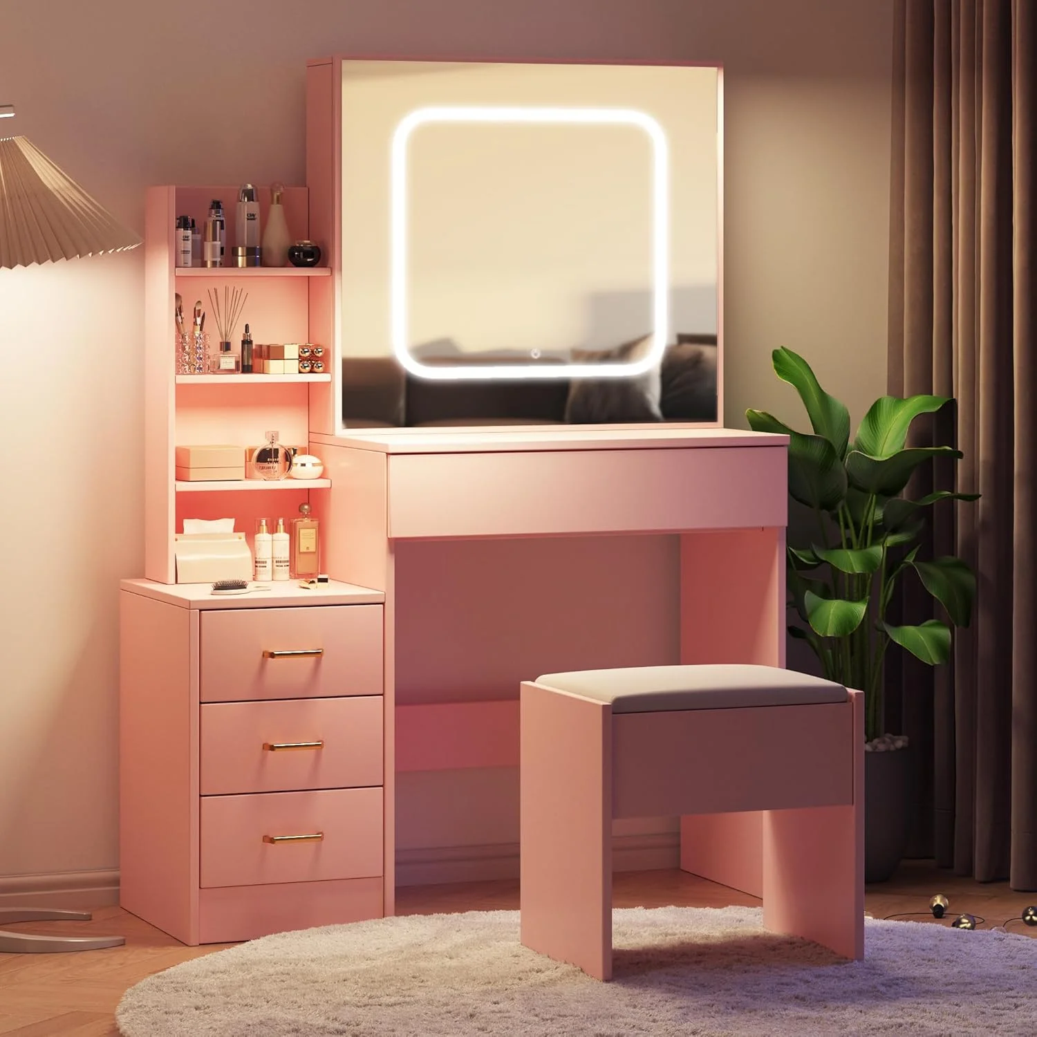 Vanity Desk with Sliding Mirror and Lights, Makeup Vanity Set with Power Outlet, 4 Drawers, Stool, Open Shelves, 3 Color Lighting Modes, Brightness Adjustable, Makeup Dressing Table for Bedroom