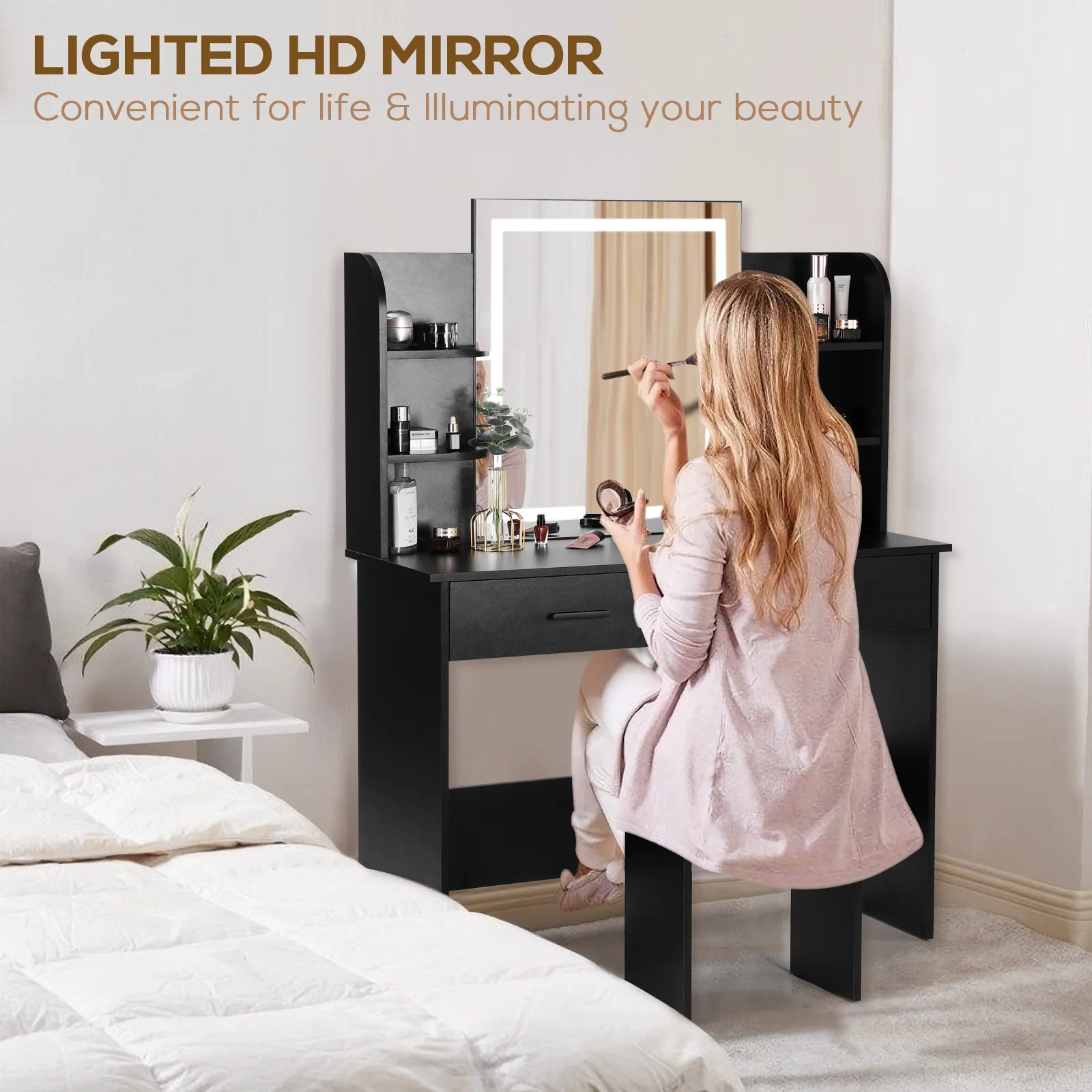 RichYa Modern Makeup Vanity Set with Lights Mirror and Drawers,White Makeup Desk,Dressing Table