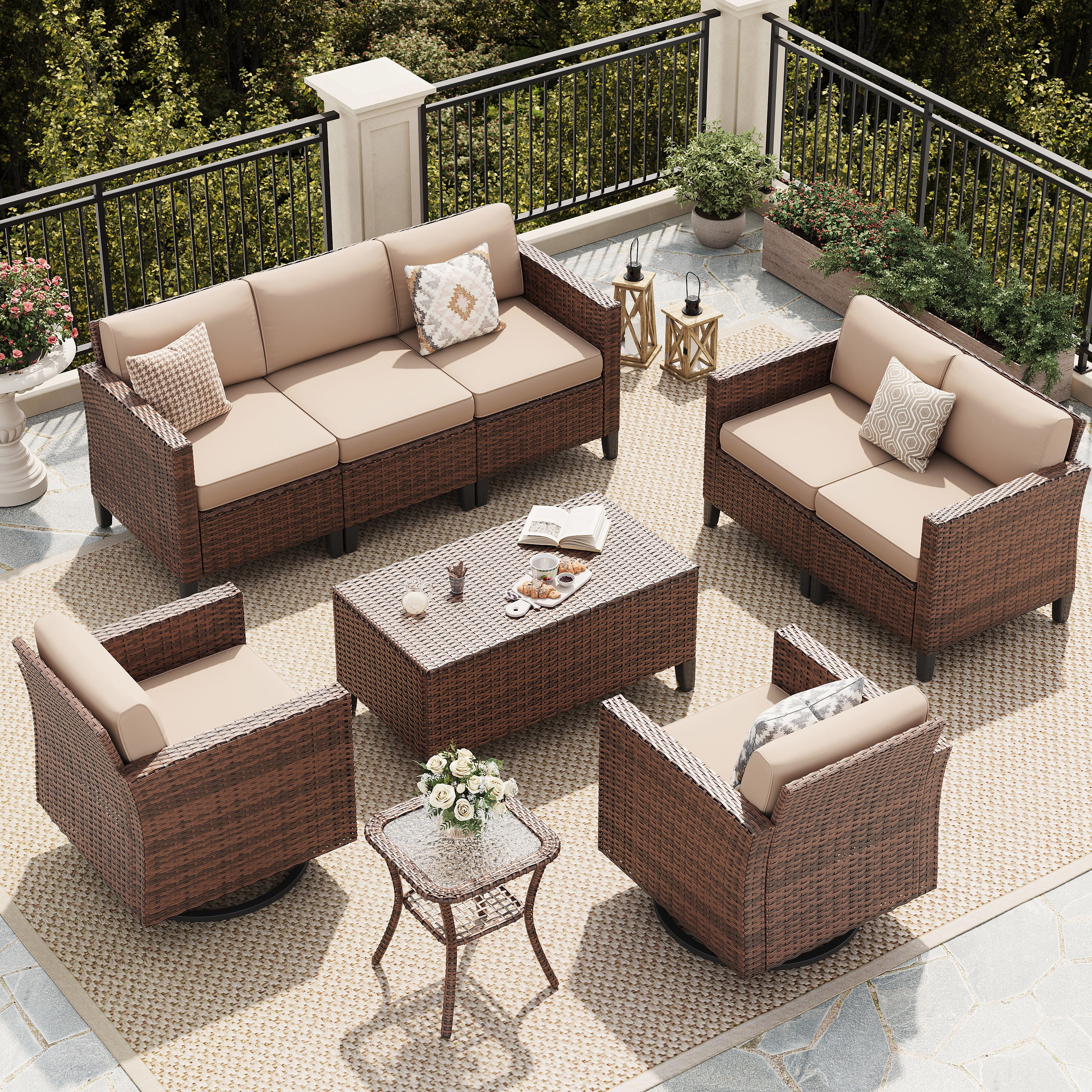 Poteban Outdoor Patio Furniture Set, Rocking Swivel Chair, 9 Pieces Wicker Rattan Sectional Furniture for Backyard (Grey)