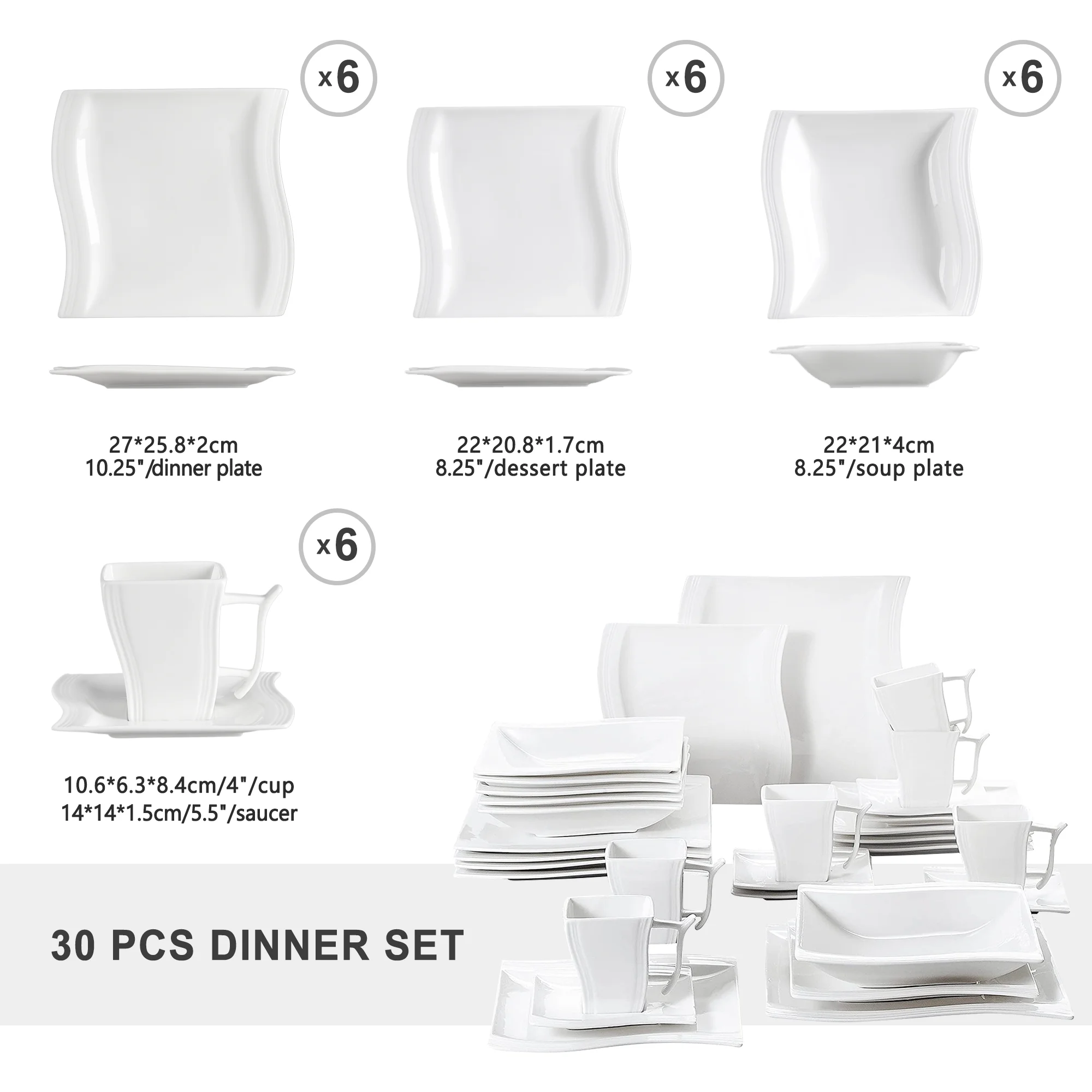 MALACASA Porcelain Tableware Sets, Ivory White, 30-Piece (6 Packs)