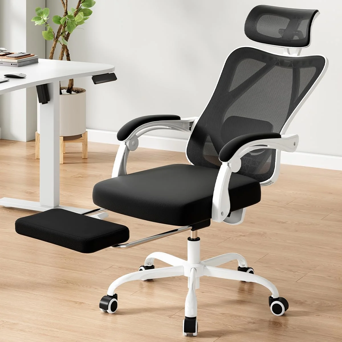 STARY Ergonomic Office Chair with Footrest, High Back Mesh Desk Chair with Adjustable Headrest & Lumbar Support, Comfortable Computer Chair for Home Office Study, White & Beige