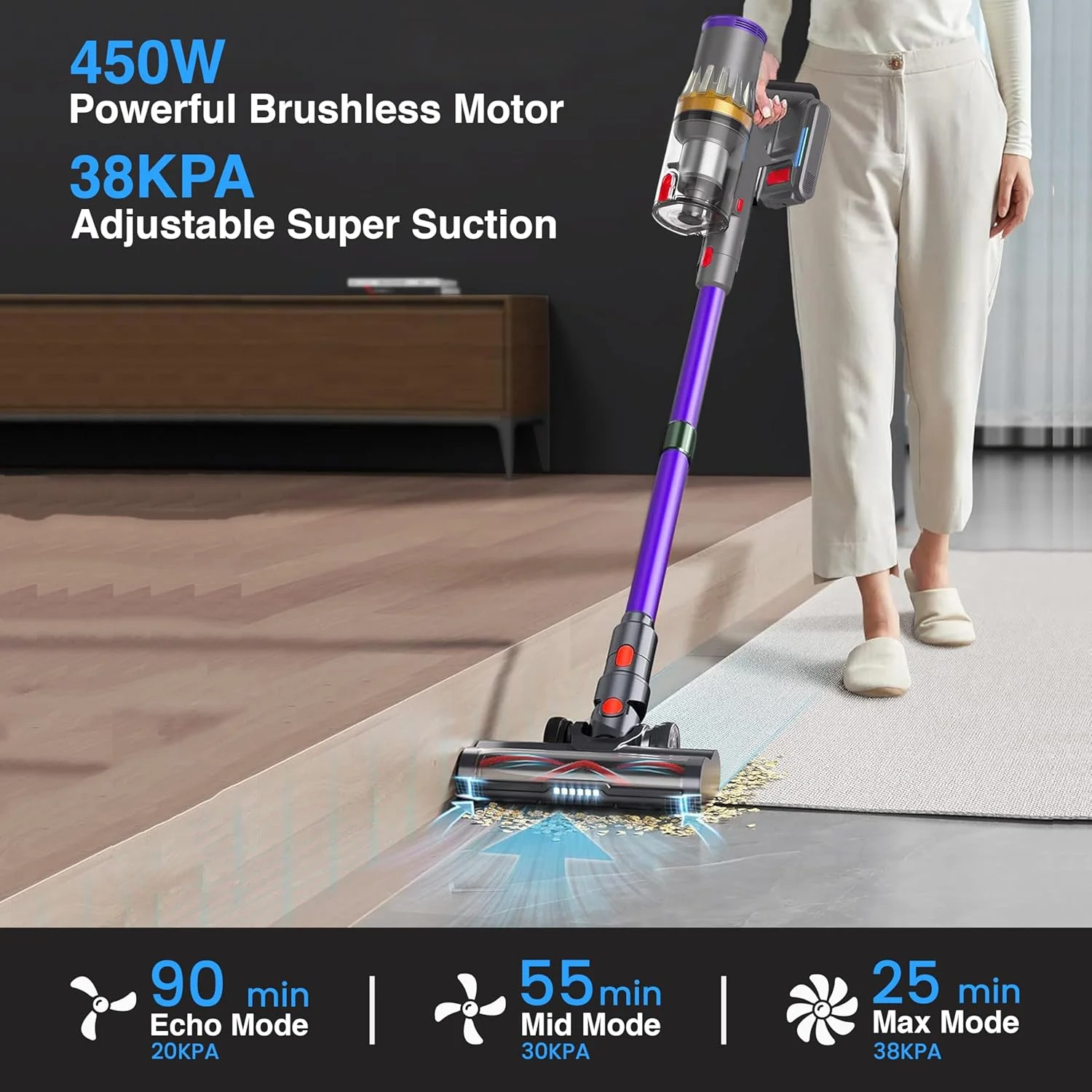 Cordless Vacuum Cleaner 38KPa/450W with Upto 90Mins Runtime | RFAQK Powerful Stick Vacuum Cleaner with 2 Hepa Filters-Wall Mounted-Touchscreen-Anti-Tangle Brush for Hardwood Floor-Carpet-Pet Hair