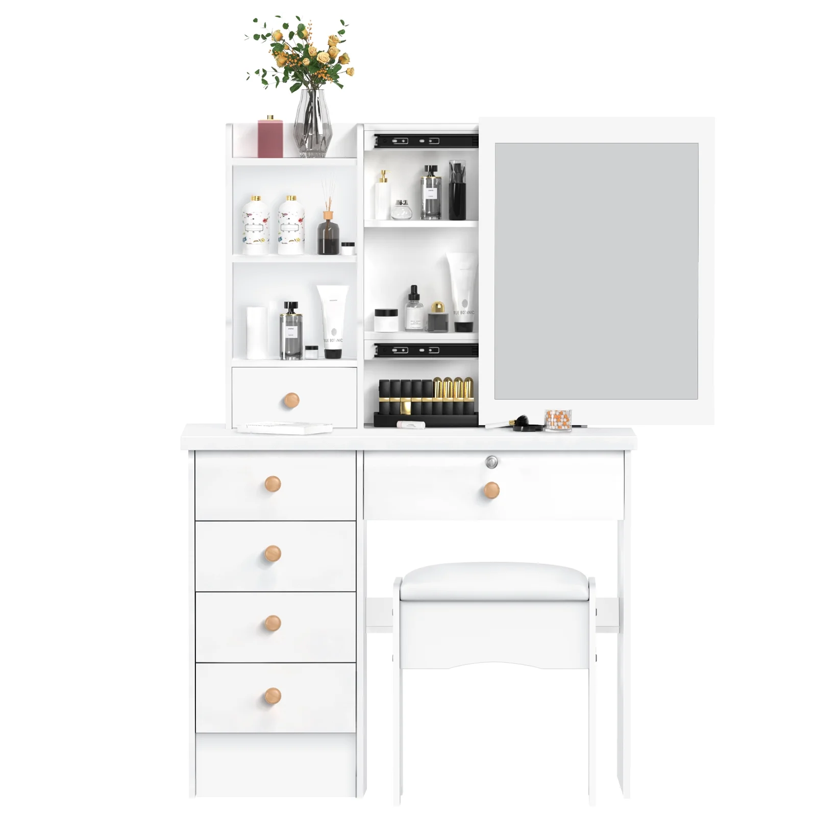 Fogcroll Vanity Desk with Mirror, Makeup Vanity with 6 Drawers and 3 Open Shelves Modern Vanity Set Dressing Table for Bedroom 31.5
