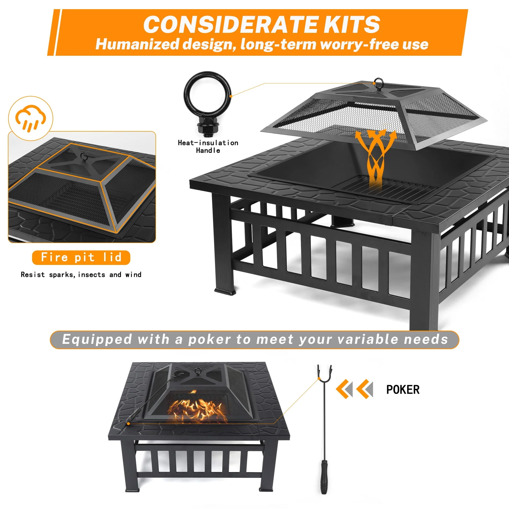 Metal Fire Pit for Outside, 32'' Stone Finish Fire Pit Table, Wood Burning Outdoor Firepit with Fire Bowl, Mesh Screen Lid, Poker