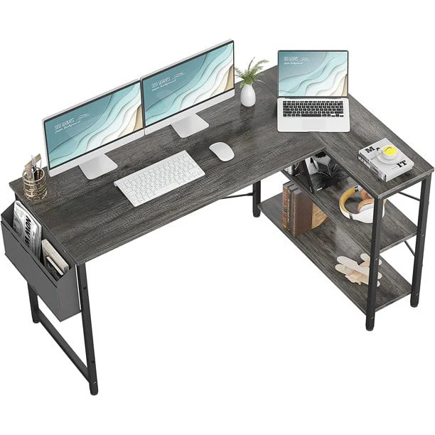 Homieasy L Shaped Desk, 47 Inch Reversible Computer Desk with Storage Shelves, Modern Corner Desk Gaming Desk Small Office Desk with Storage Bag for Home Office Workstation, Black Oak