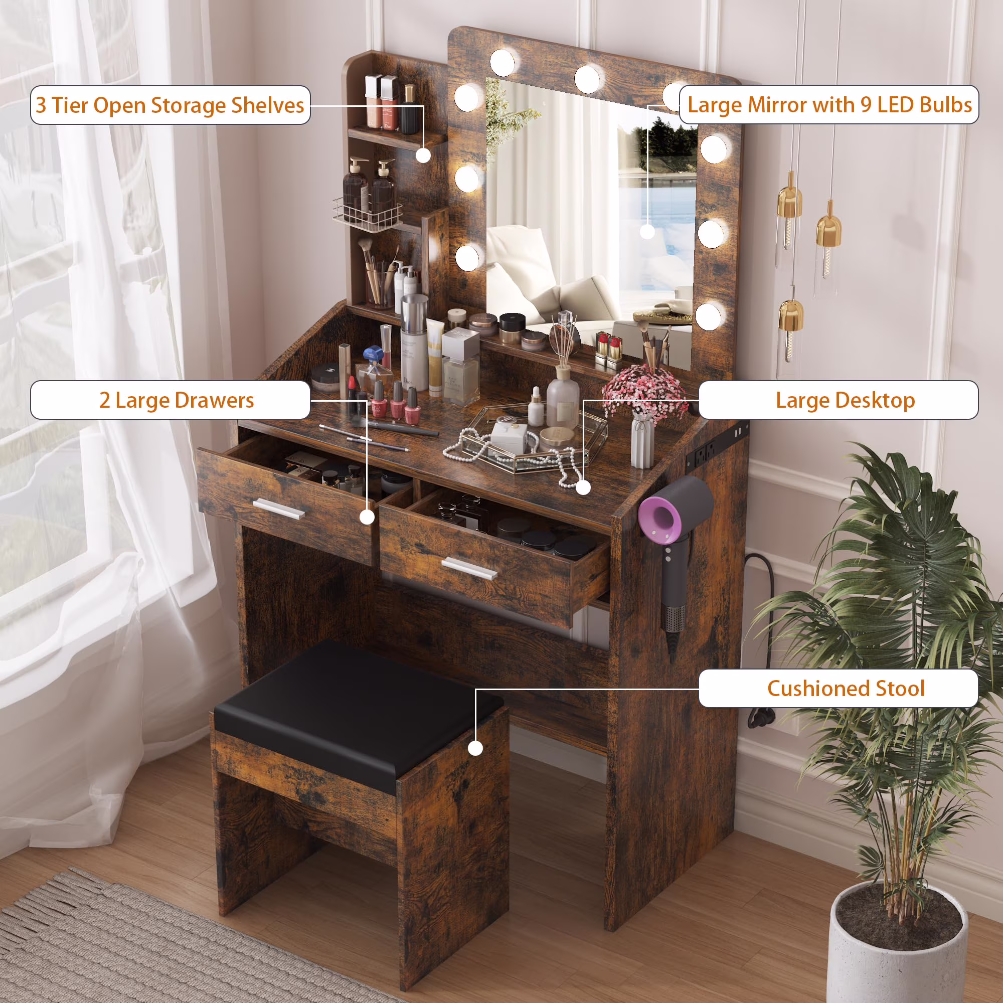 Yeshouse Vanity Desk with Mirror and Lights, White Makeup Vanity with 2 Drawers, 3 Light Mode and Brightness Adjusted, Makeup Table for Bedroom, Desk and Chair