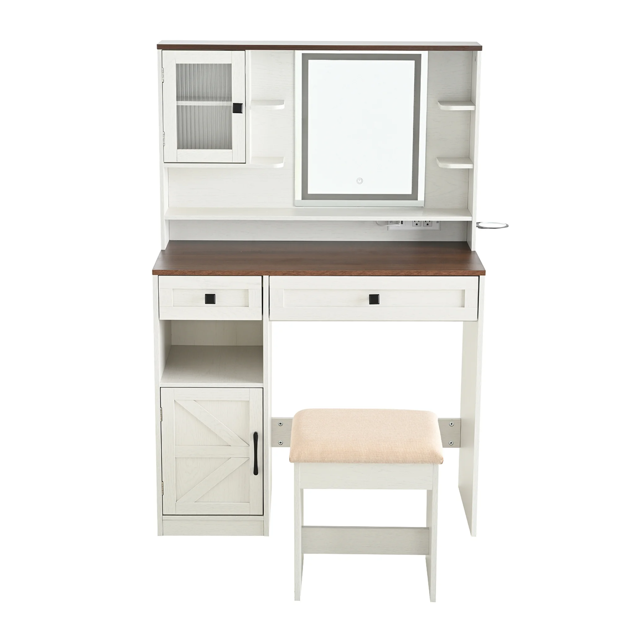 Farmhouse Makeup Vanity Desk with Mirror and Lights,Dressing Table Set with Charging Station and Stool,Drawers,Shelves and Side Cabinet,White