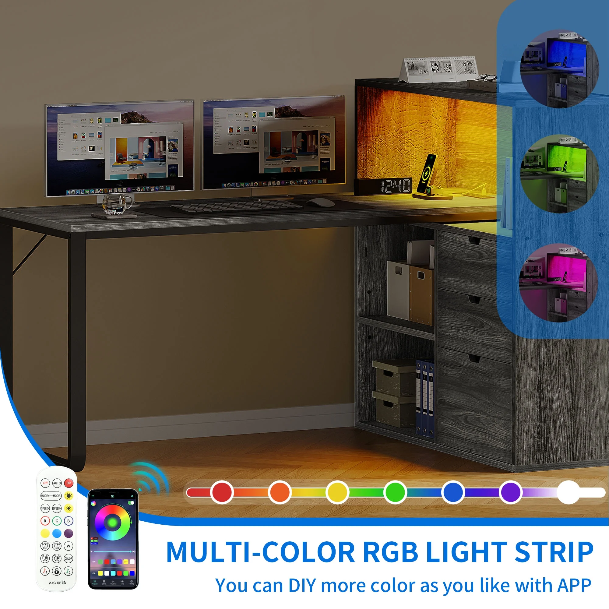 Dextrus L Shaped Desk with Power Outlets & LED Lights, Computer Desk with 3 Drawers and 3 Storage Shelves, White Office Desk Corner Desk for Home Office