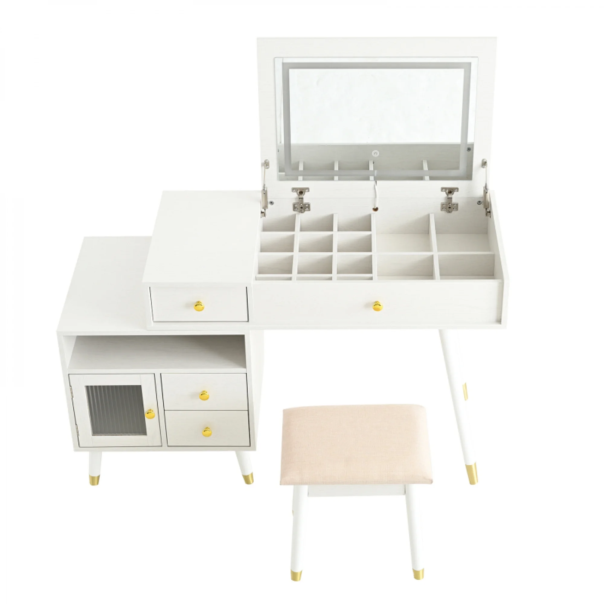 3-in-1 Vanity Desk with Lighted Flip-Top Mirror & Adjustable Cabinet, Makeup Dressing Table with Stool, Dresser with Drawers for Bedroom, White