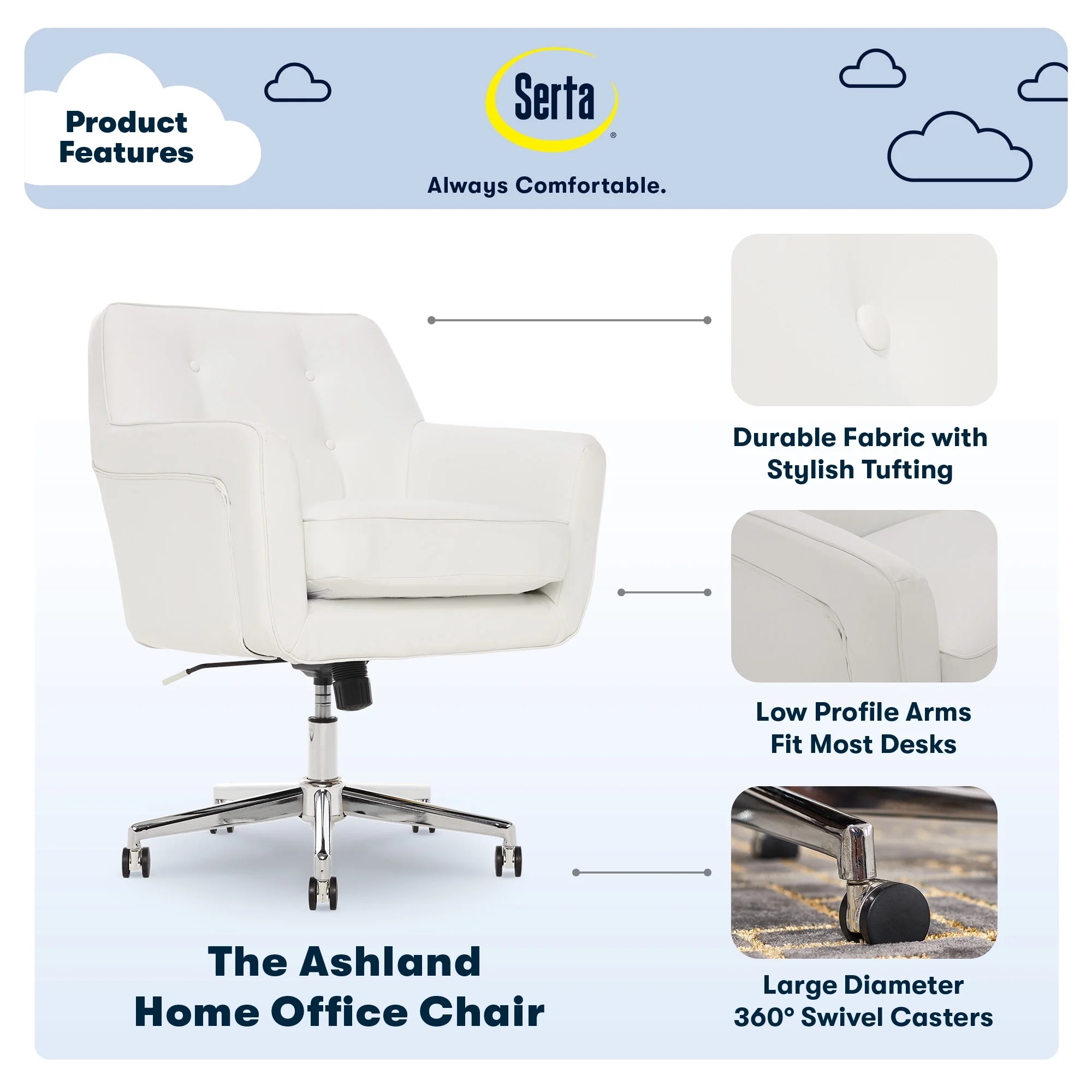 Serta Ashland Office Desk Chair, Button Tufted Mid-Back, Memory Foam Cushion, Chrome Swivel Base, Charcoal