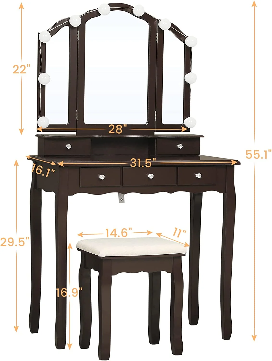 Afuhokles Vanity Table Set with Lighted Tri-Fold Mirror and Stool, Makeup Vanity Dressing Desk 5 Drawers, White