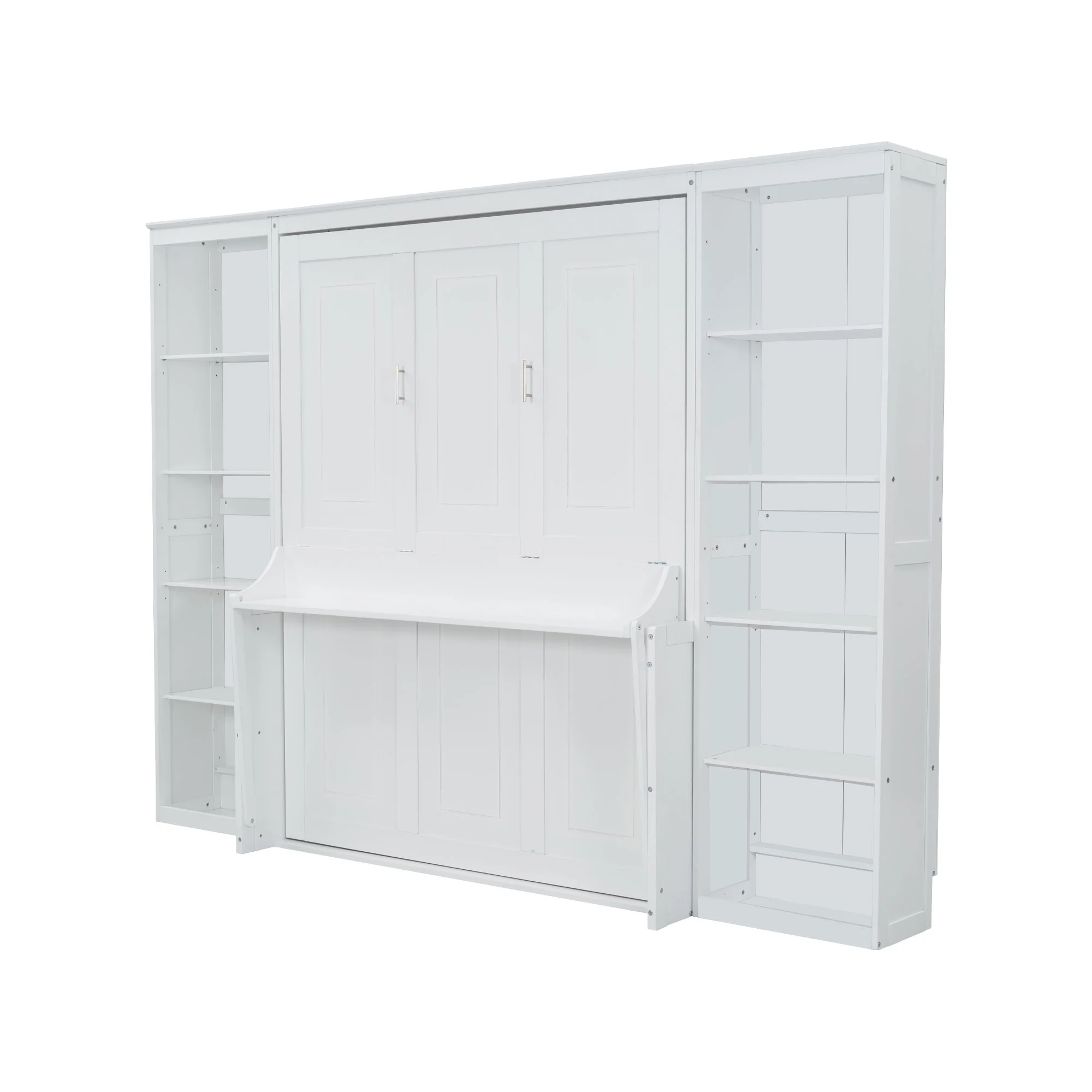 Queen Size Murphy Bed with Desk and Bookshelf(White)