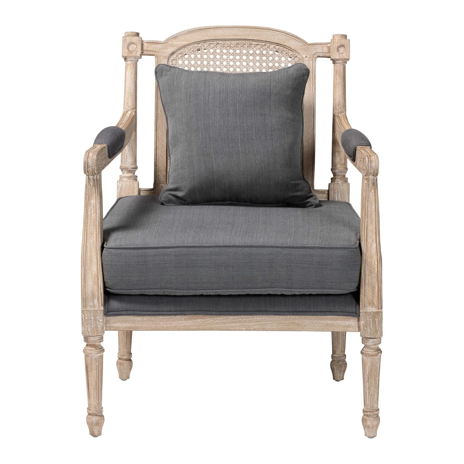 Baxton Studio Clemence French Provincial Grey Fabric Whitewashed Mahogany Wood Armchair