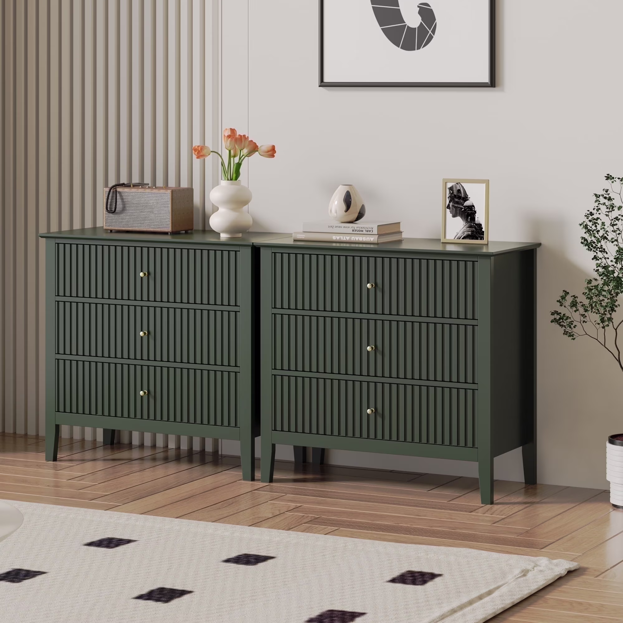 May Color Large White 3 Drawer Dresser Set of 2 with Fluted Panel, Modern Chest of Drawers with Silent Slide Drawers, Wood Accent Nightstand with Storage for Bedroom Living Room, Hallway