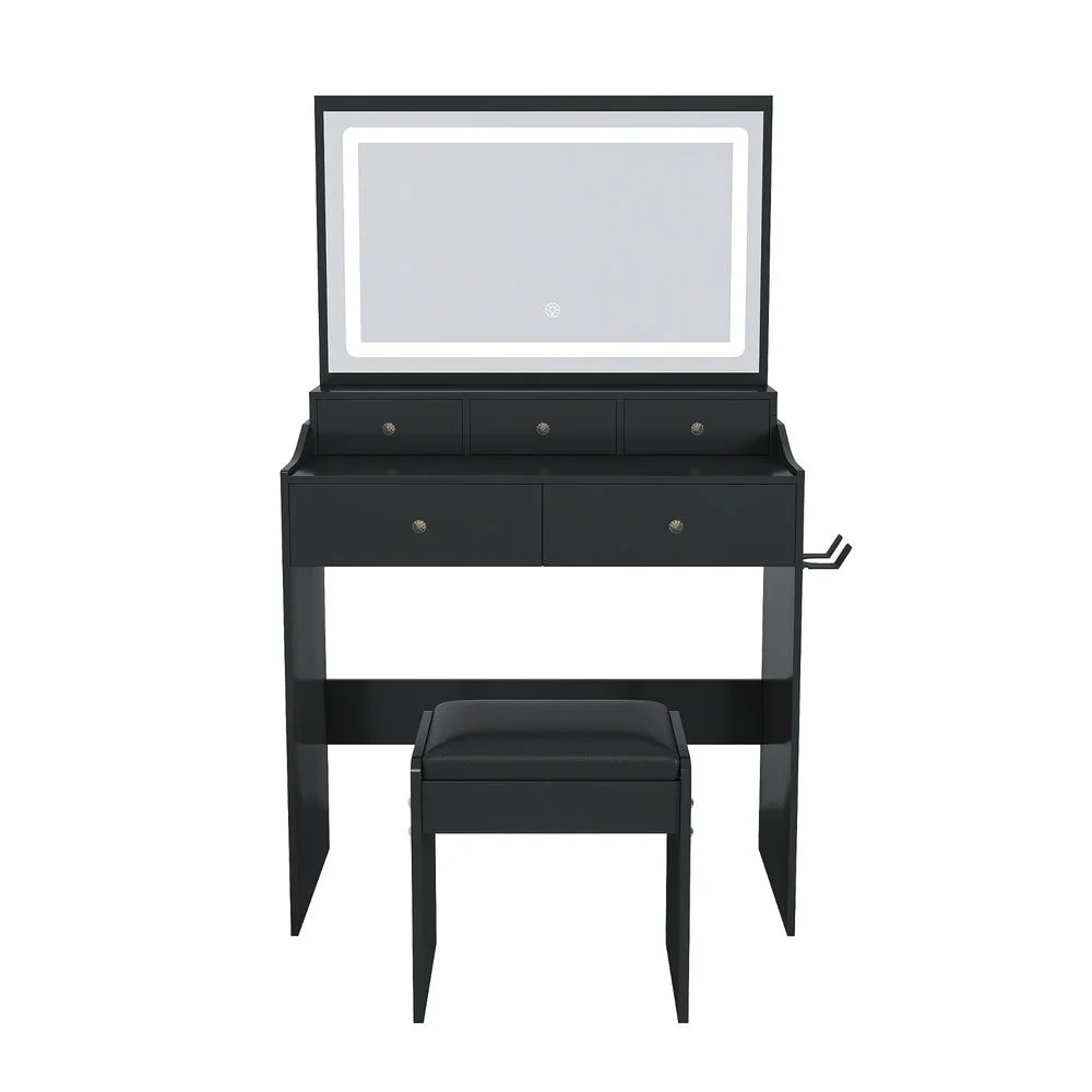 Kadyn Vanity Desk with Lighted Mirror, Vanity Table and Chair Set with 2 Drawers, Dressing Table Makeup Desk with 1 Door, Retro Gray