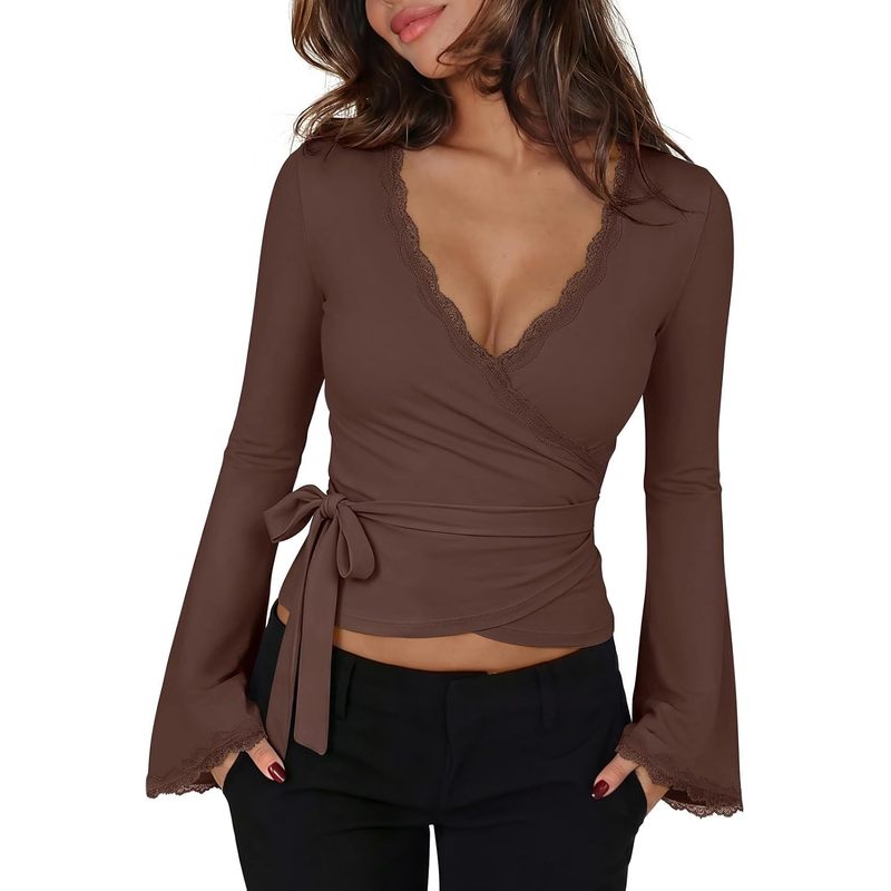 Sexy Going Out Lace Wrap Tops for Women Bell Long Sleeve Top