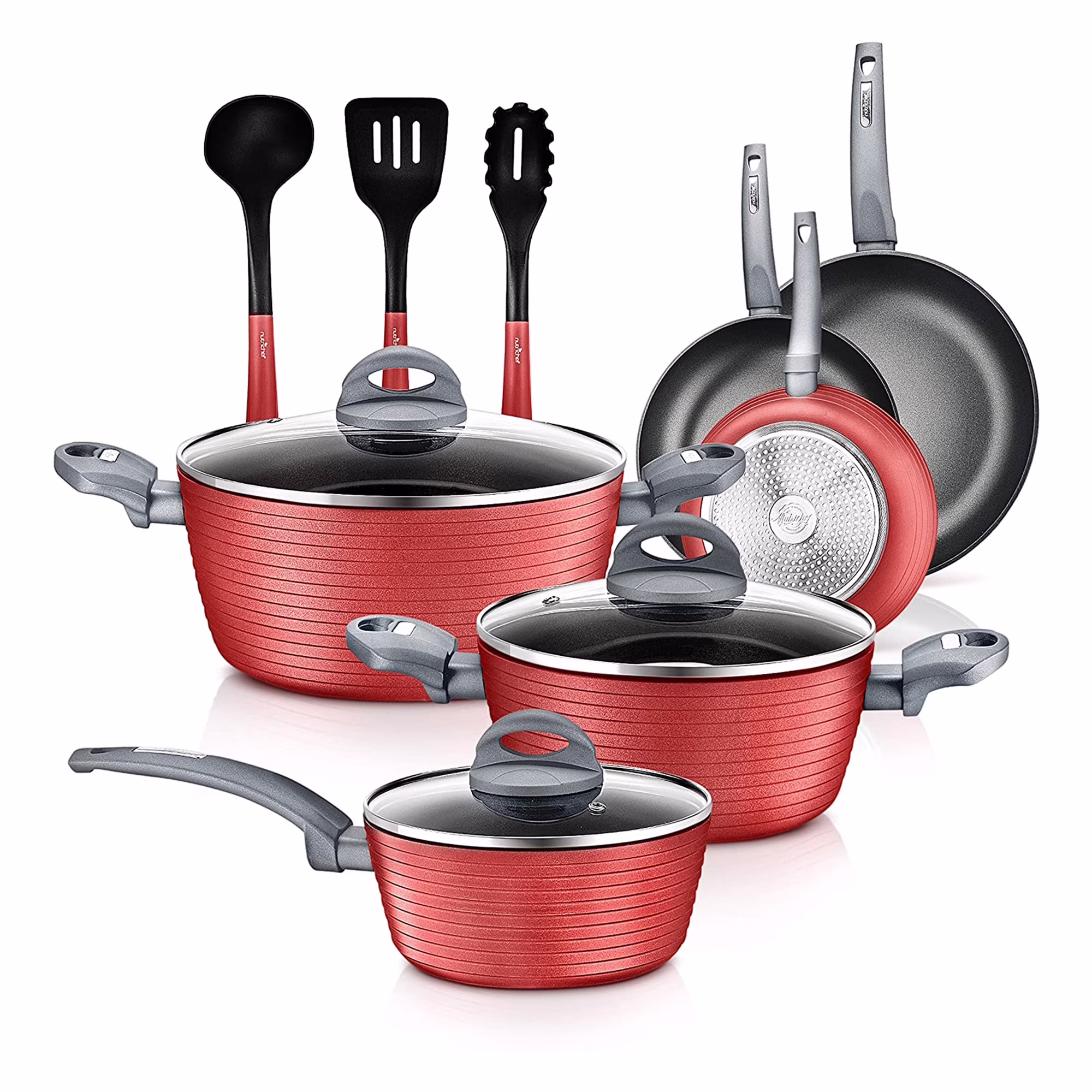 NutriChef Ridge Line Nonstick Kitchen Cookware Pots and Pan, 12 Piece Set, Gray