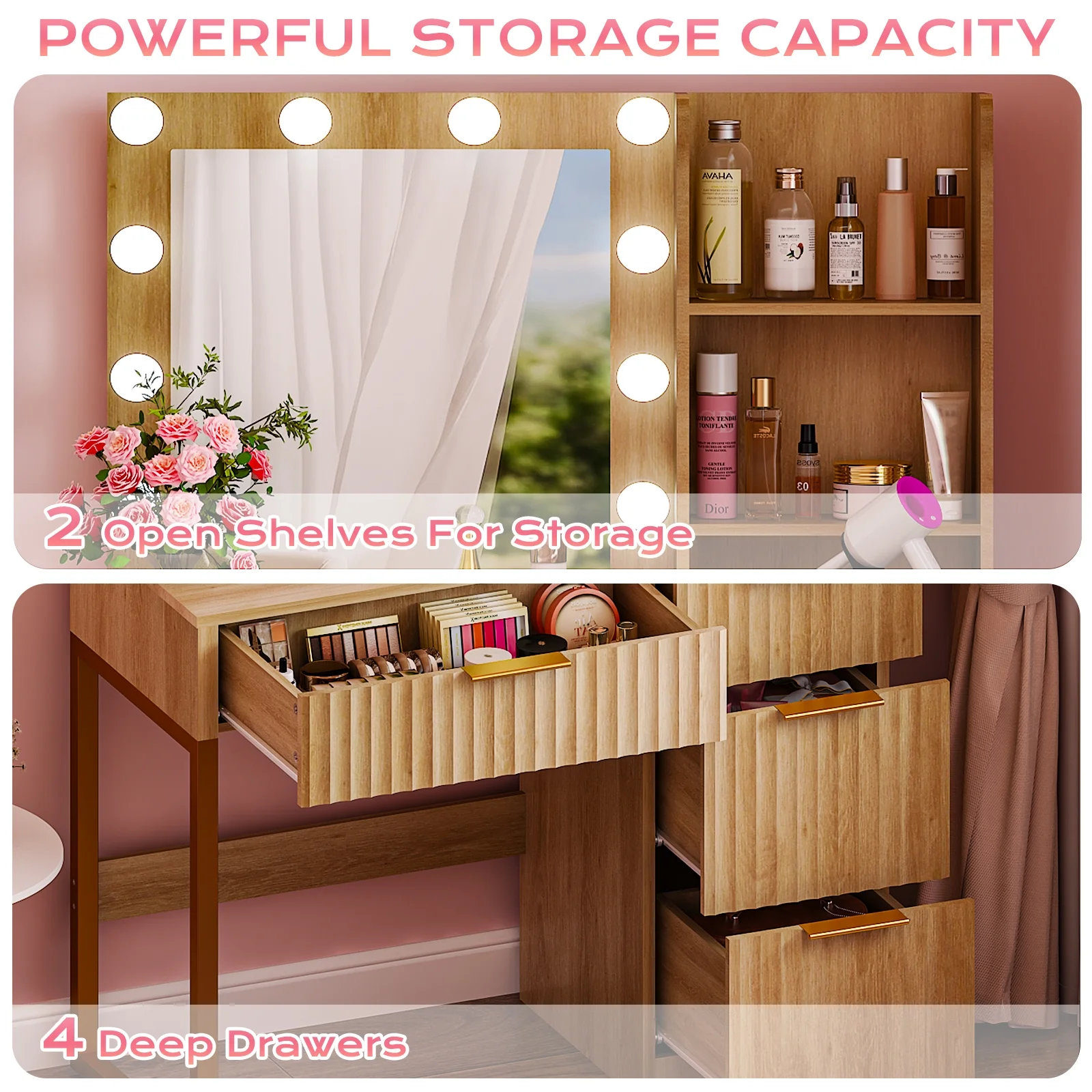 Ktaxon Vanity Set with 3 Color Lighted Mirror, Makeup Table with 3 Storage Shelves & Drawers, Dressing Table Makeup Desk with Stool,White