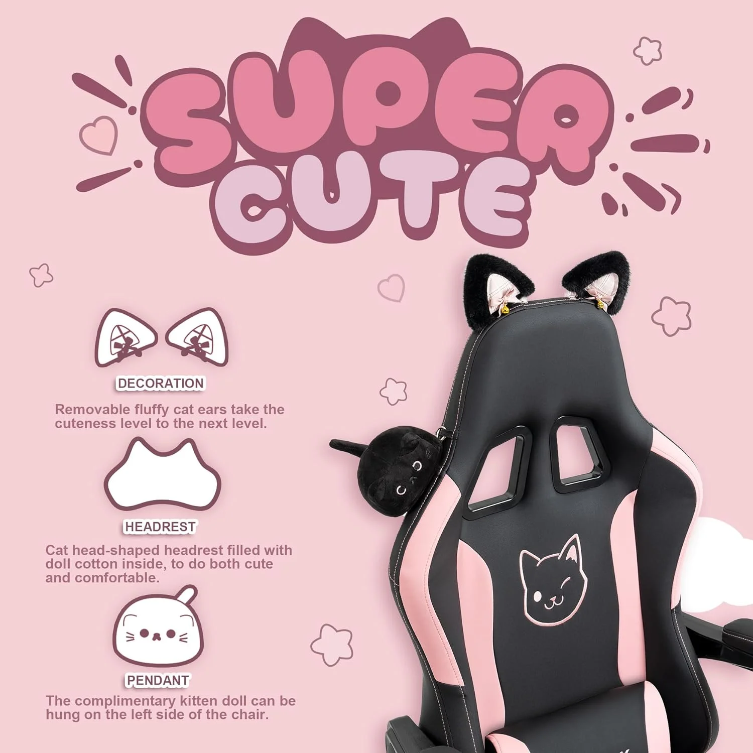 Dowinx Gaming Chair Cute with Cat Ears and Massage Lumbar Support, Ergonomic Computer Chair for Girl with Footrest and Headrest, Comfortable Reclining Game Chair 290lbs for Adult, Teen, White