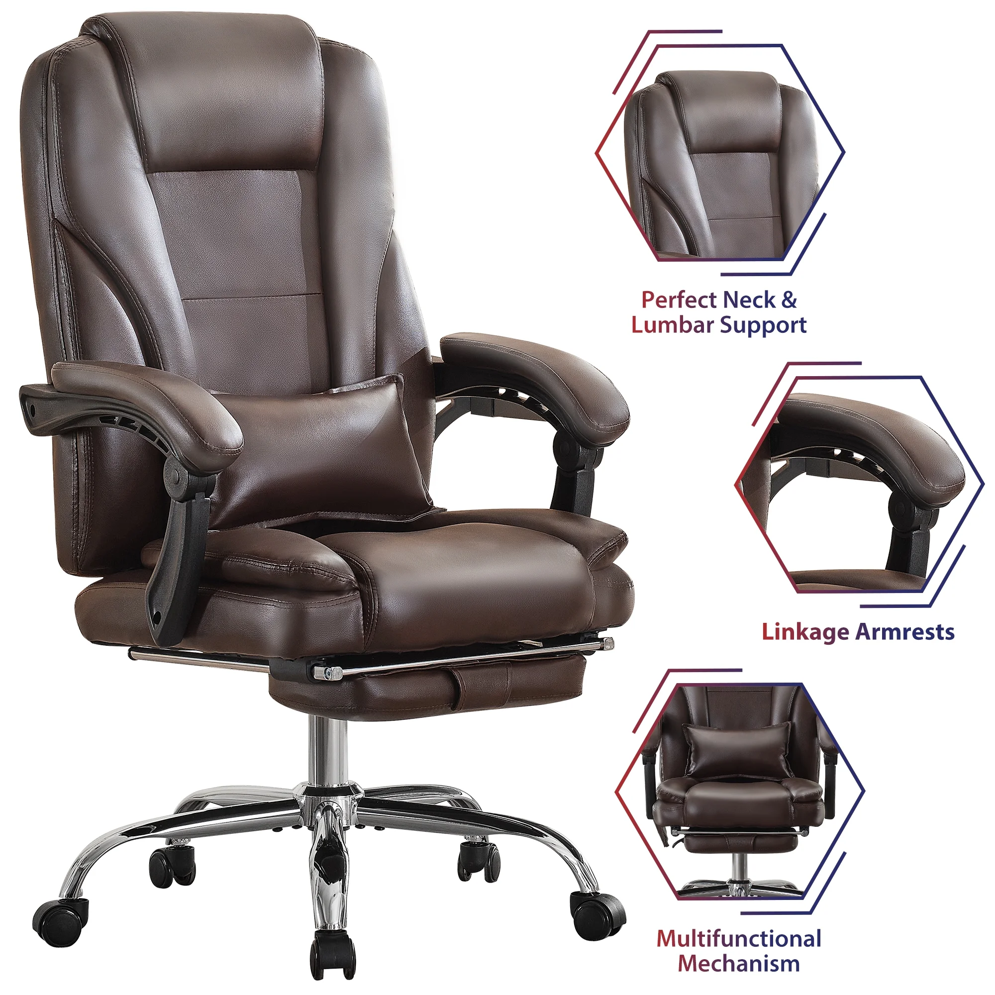 JONPONY Big and Tall Office Chair 500LBS Executive Office Chair Massage and Footrest Ergonomic Computer Desk Chair Reclining High Back Leather Office Chair Lumbar Back Support Swivel Rolling,Black
