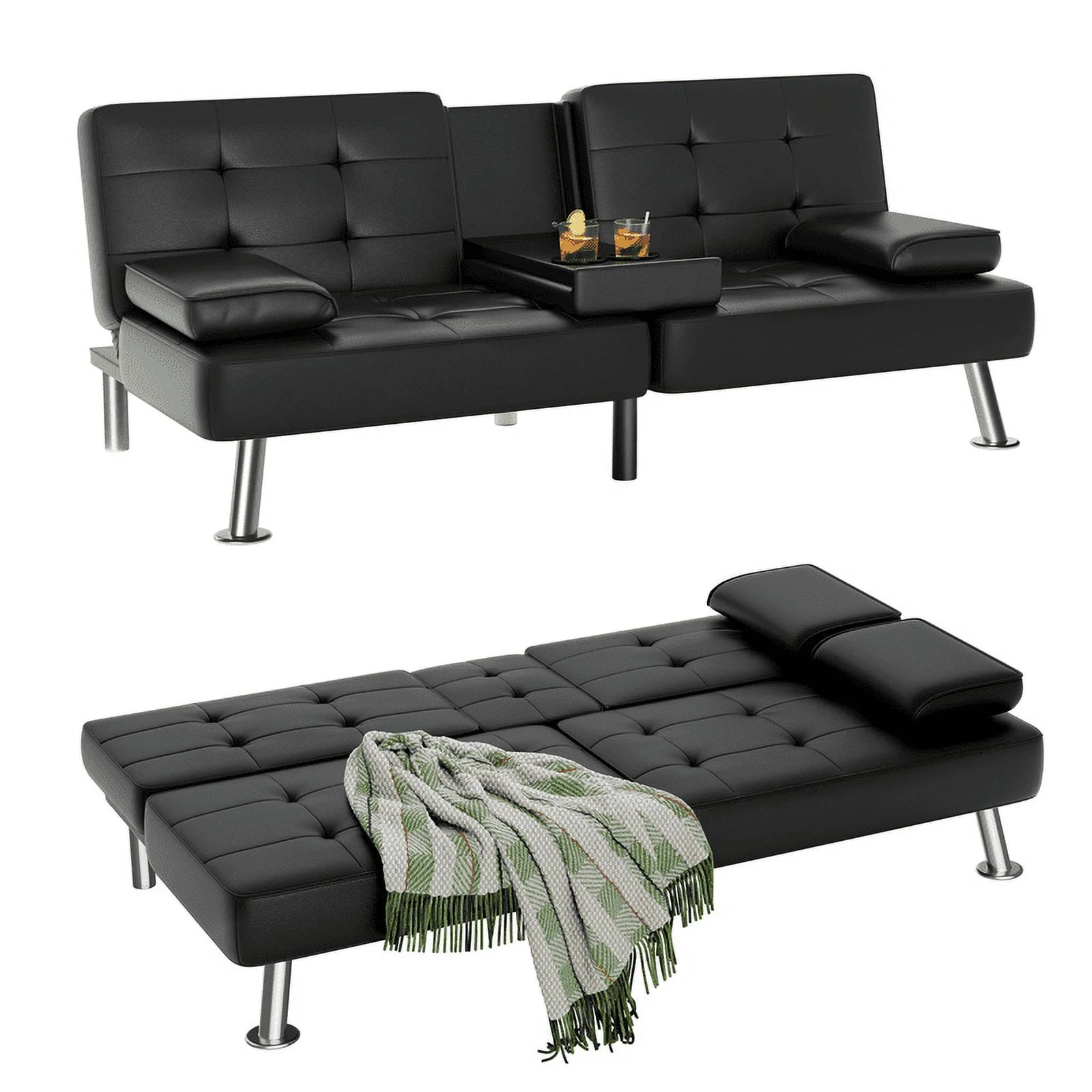 Vineego Modern Faux Leather Couch Convertible Folding Futon Sofa Bed with 2 Cup Holders,Black