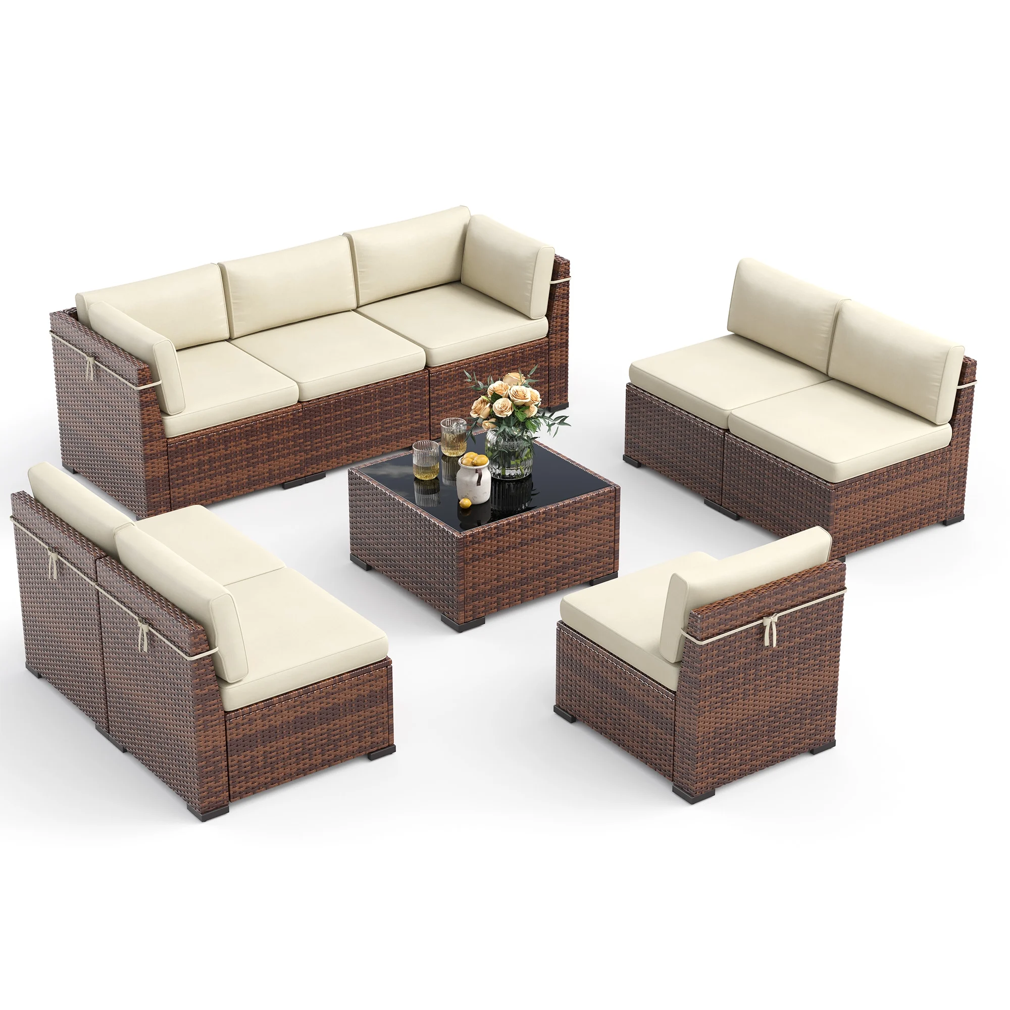 Poteban 7 Pieces Outdoor Sectional Sofa Set , PE Wicker Rattan Slanted Back Outdoor Conversation with Cushions and Glass Coffee Table for Backyard Garden, Dark Gray