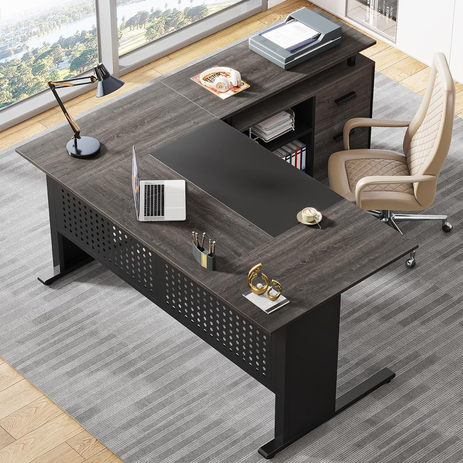 Tribesigns 63 Inch Executive Desk with File Cabinet, Large Office Desk L Shaped Computer Desk with Drawers and Storage Shelves, Business Furniture Desk Workstation for Home Office, Brown and Black
