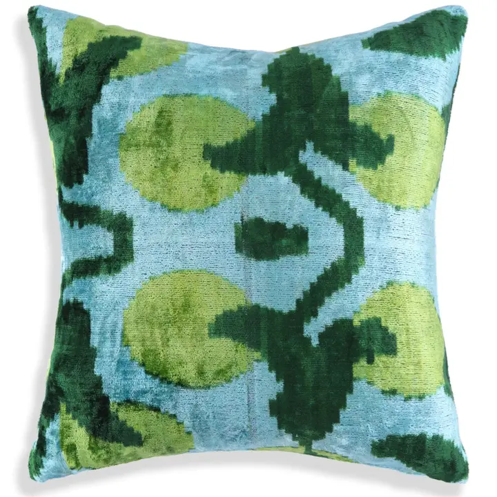 Green & Aqua Ikat Velvet Pillow – 16x16” | Handmade Silk Lux