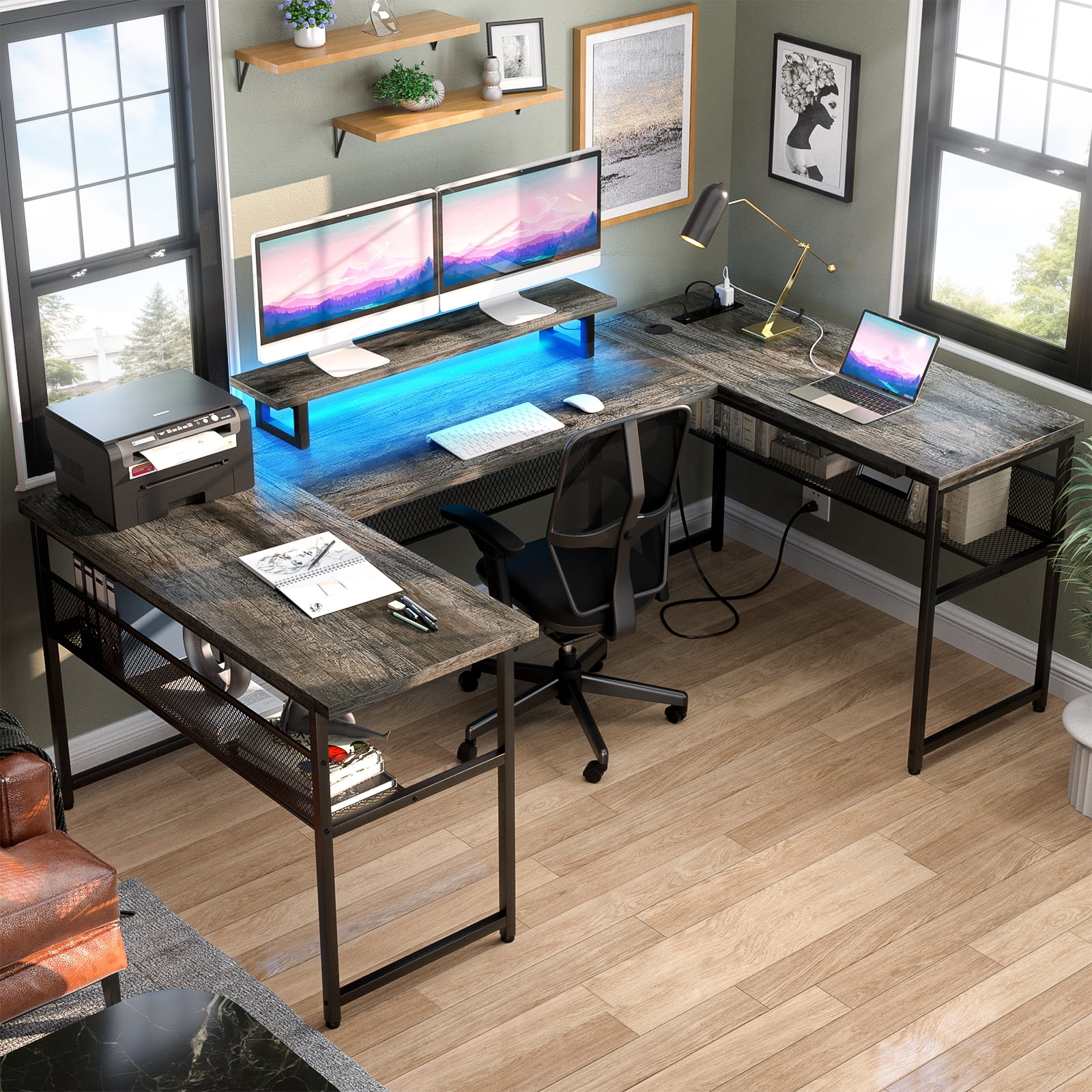 Homieasy U Shaped Desk with Power Outlet and LED Strips, 129.9'' Ergonomic L-Shaped Gaming Desk with Monitor Stand, Reversible Corner Computer Desk with Storage Shelf for Home Office, White Oak