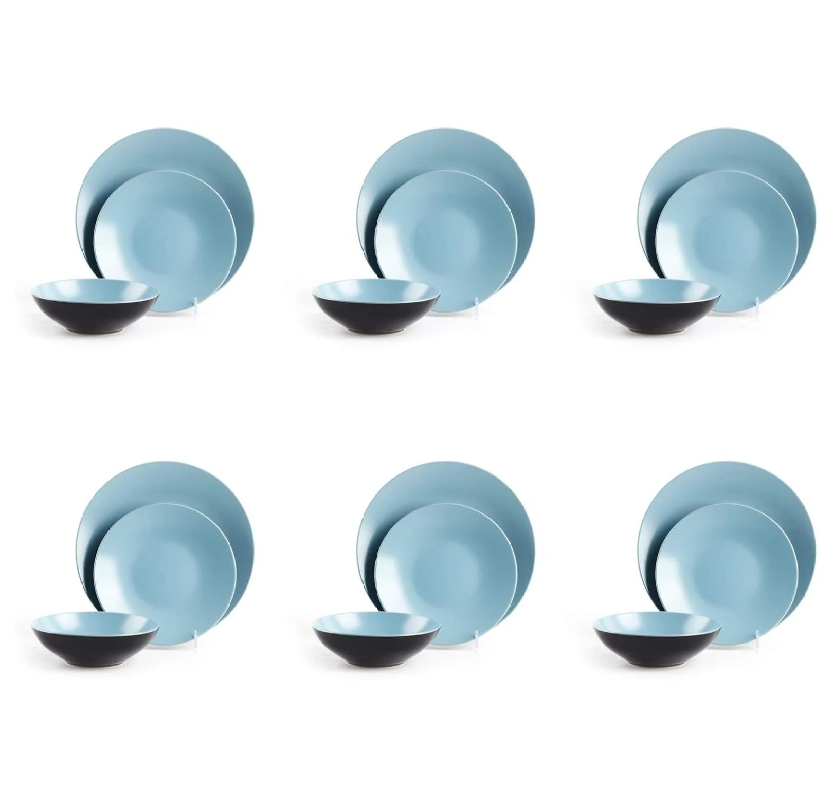 Turquoise Dinnerware Set 18pc - Color Life Stoneware Coupe Dinner Plates & Bowls - Dishwasher & Microwave Safe, Modern Matte & Shiny Black Finish