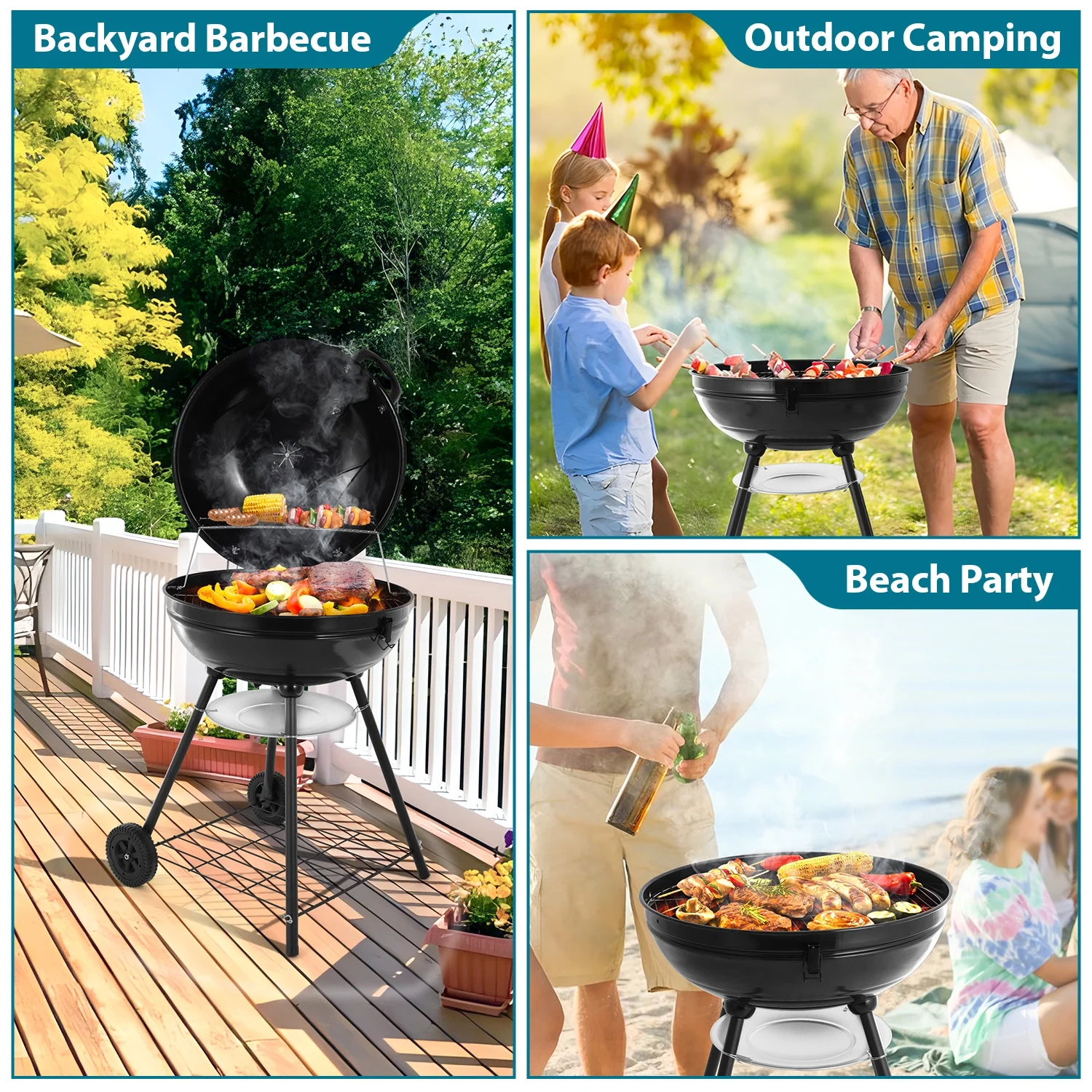 Walchoice 22 inch Charcoal Grill with Wheels & Temperature Gauge, 2 Layer Grilling Racks Heavy Duty Barbecue Grill for Backyard Camping BBQ Cooking, Black Enamel Lid & Bowl