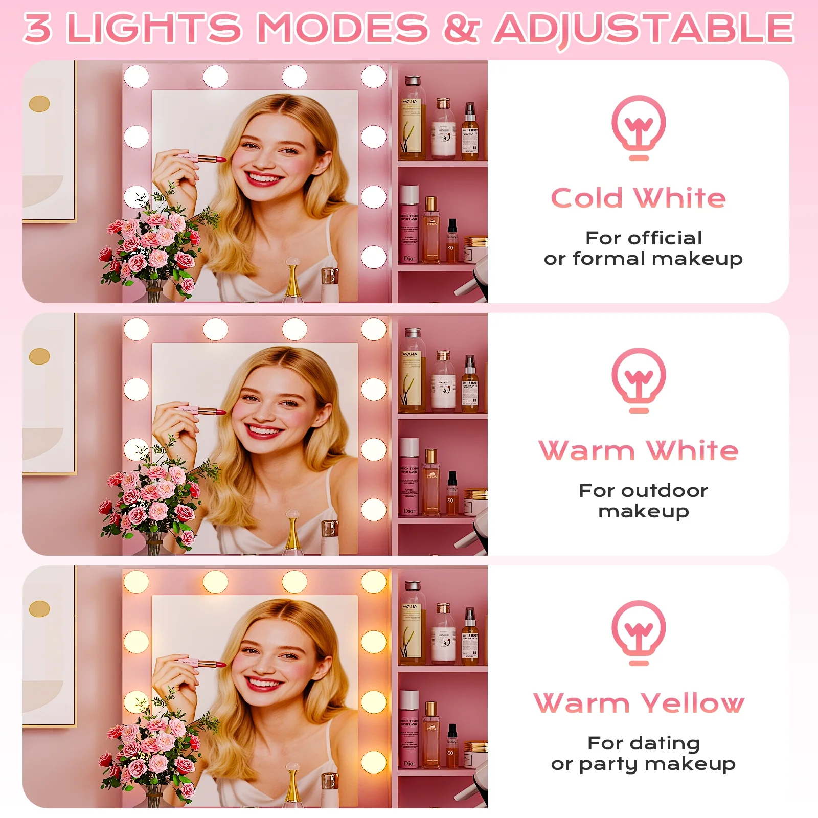 Ktaxon Vanity Set with 3 Color Lighted Mirror, Makeup Table with 3 Storage Shelves & Drawers, Dressing Table Makeup Desk with Stool,White