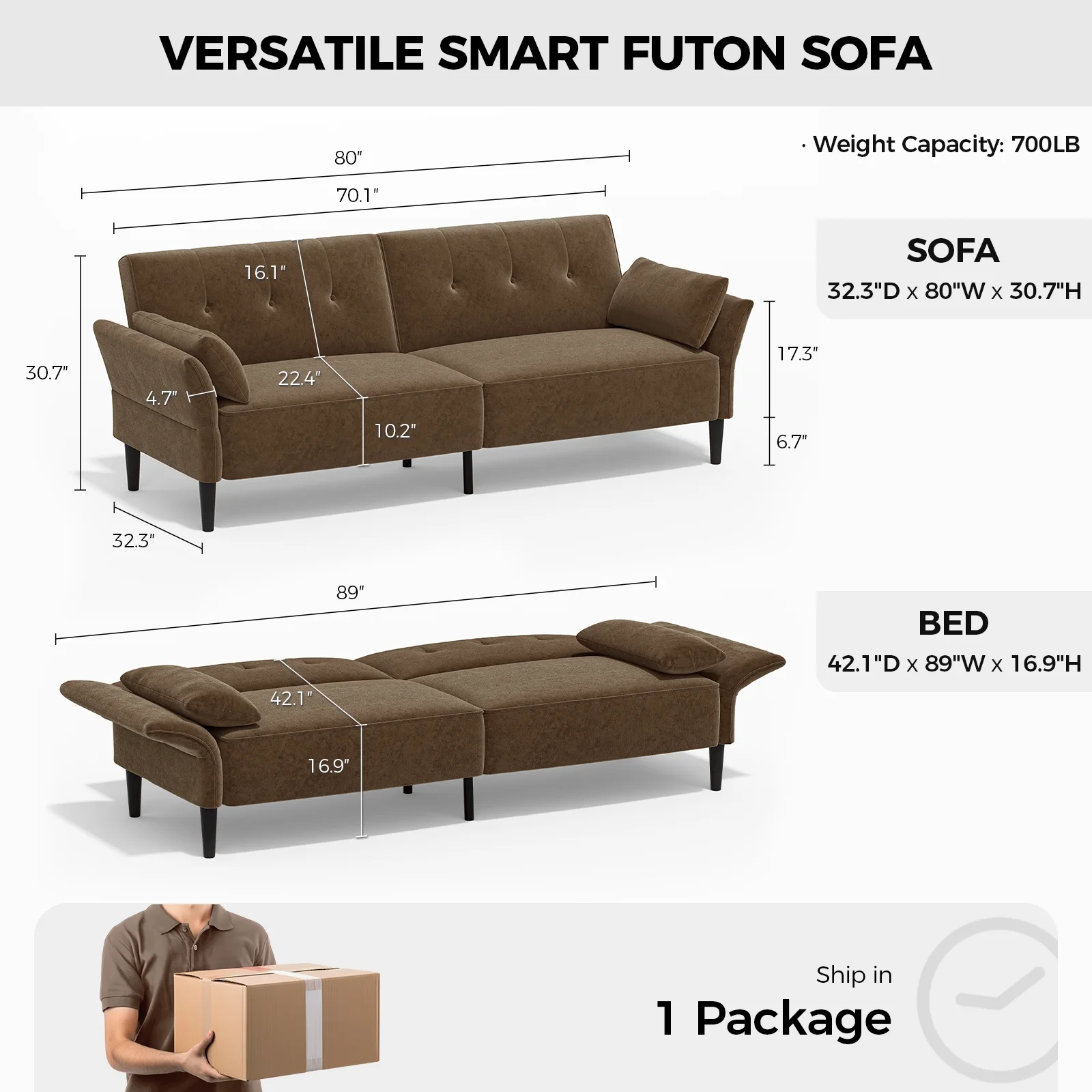 BLAZANT 89�� Futon Sofa Bed with 2 Square Pillows, Convertible Sleeper Sofa with Adjustable Backrest& Armrests, Modern Loveseat Sleeper for Living Room