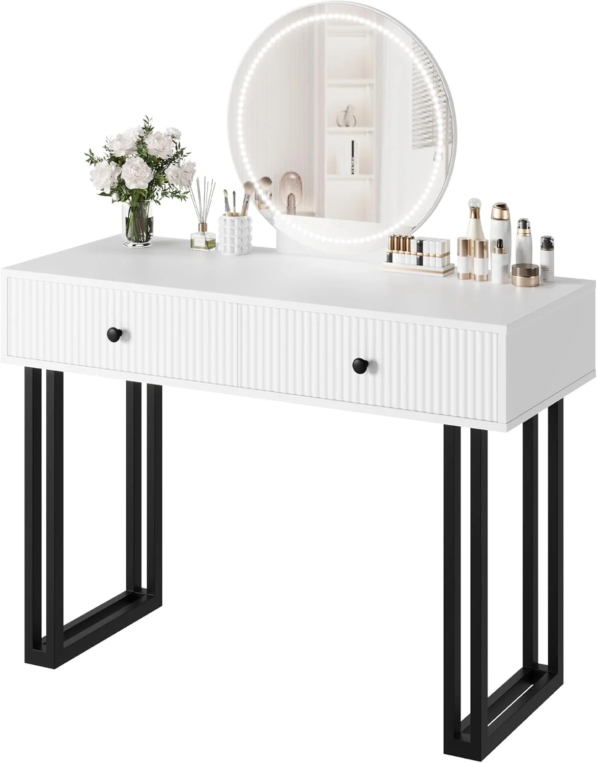Vanity Desk with Mirror and Lights, Small Makeup Vanity with 2 Drawers, Modern Vanity Organizer with 3 Color Lights＆Adjustable Brightness, Dressing Table for Bedroom, White
