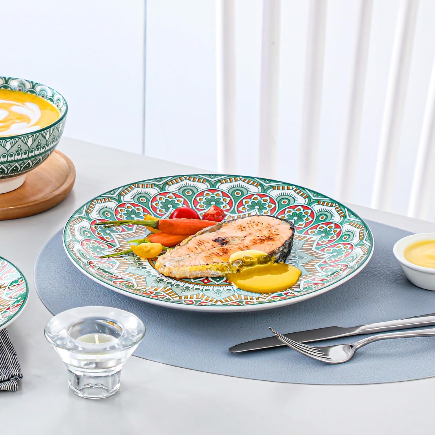 Mandala12 Pieces Dinnerware Sets, Porcelain Dinner Set for 4, Boho Plates and Bowls Set, Colorful Dish Sets