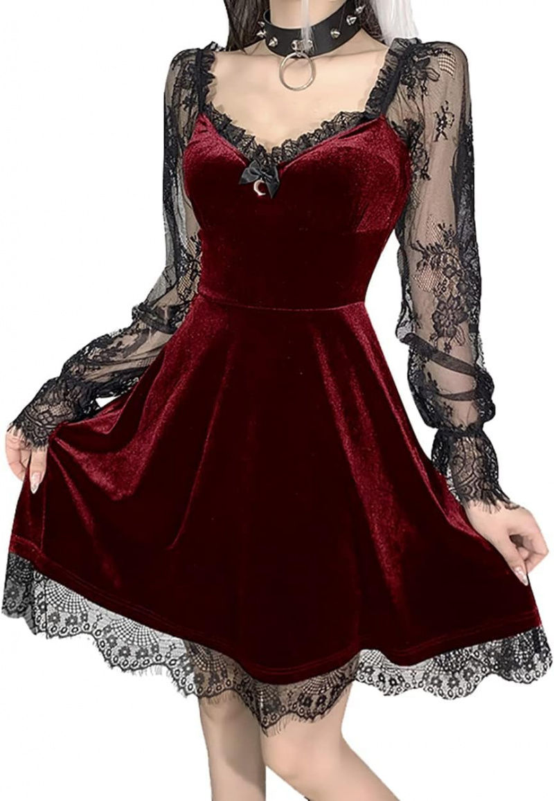 Women Gothic Velvet Dress - Flared Lace Long Sleeve Midi Dresses