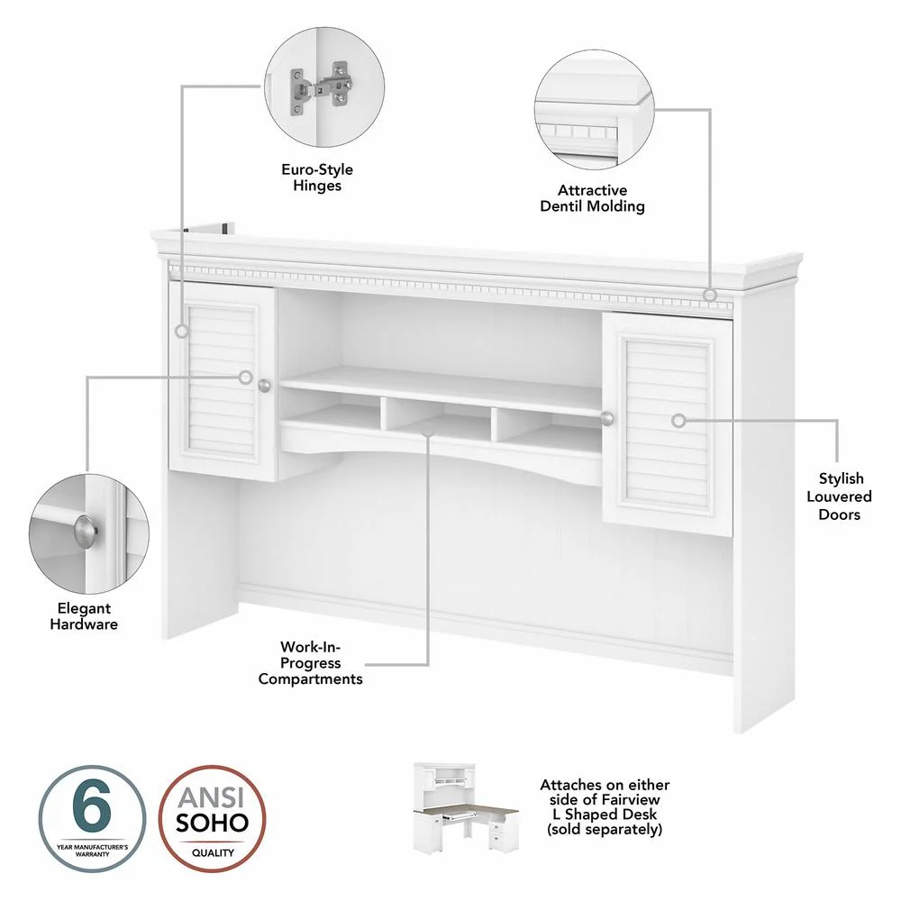 Fairview L Desk with Hutch and Storage Cabinet in White/Gray - Engineered Wood