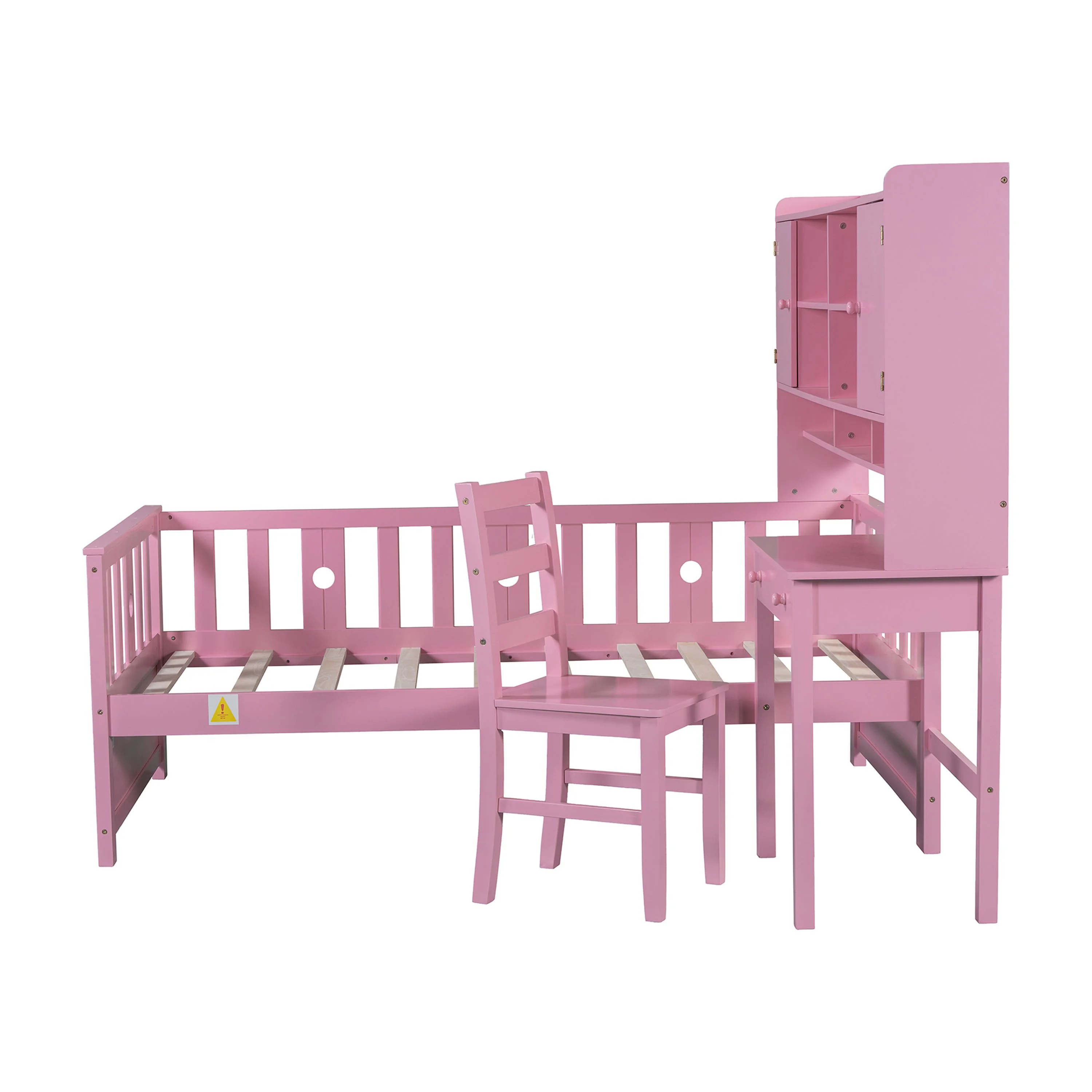 Euroco Wood Twin Size Platform Bed with Desk and Shelves, Table and Chair Set for Kids, Natural