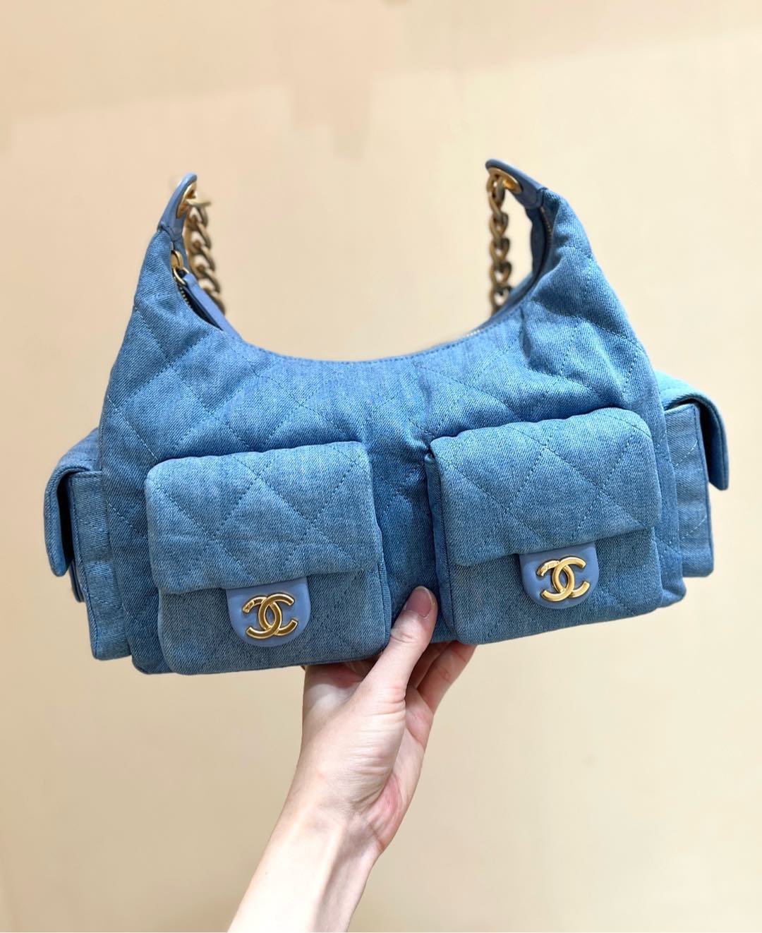 [15A] Chanel Washed Denim Quilted Trendy Pockets Hobo Bag