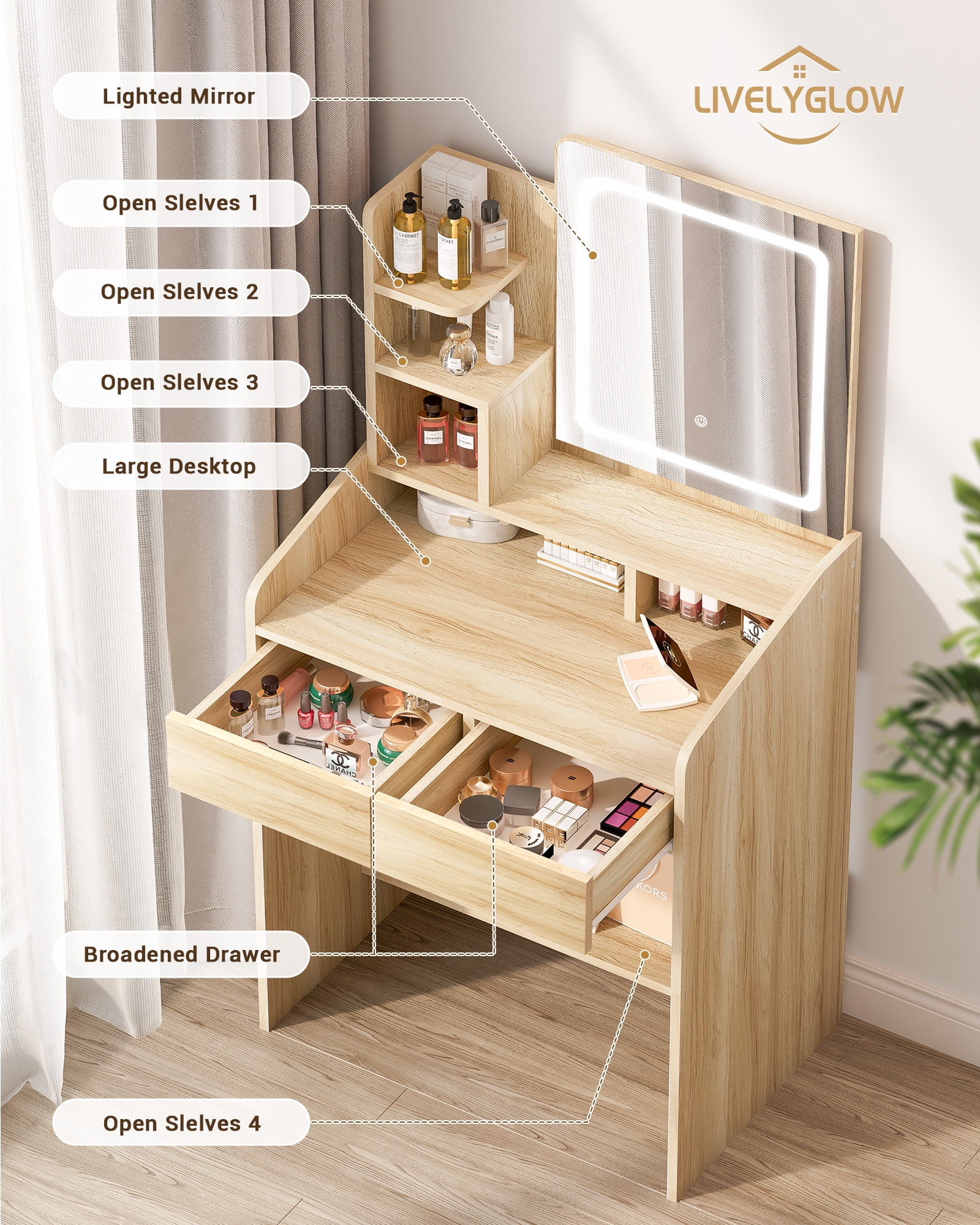 LIVELYGLOW Vanity Desk Set with Square Mirror and Light- Small Vanity Table with Drawers- White