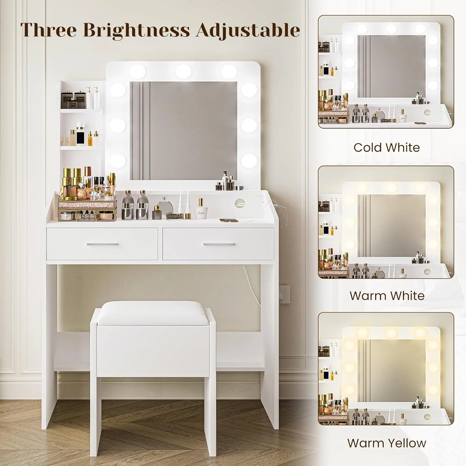 OYang Makeup Vanity with Lights, Vanity Desk with Mirror and Lights Set, Large Drawer and Two-Tier Lots Storage Cabinet, 3 Lighting Modes Adjustable Brightness