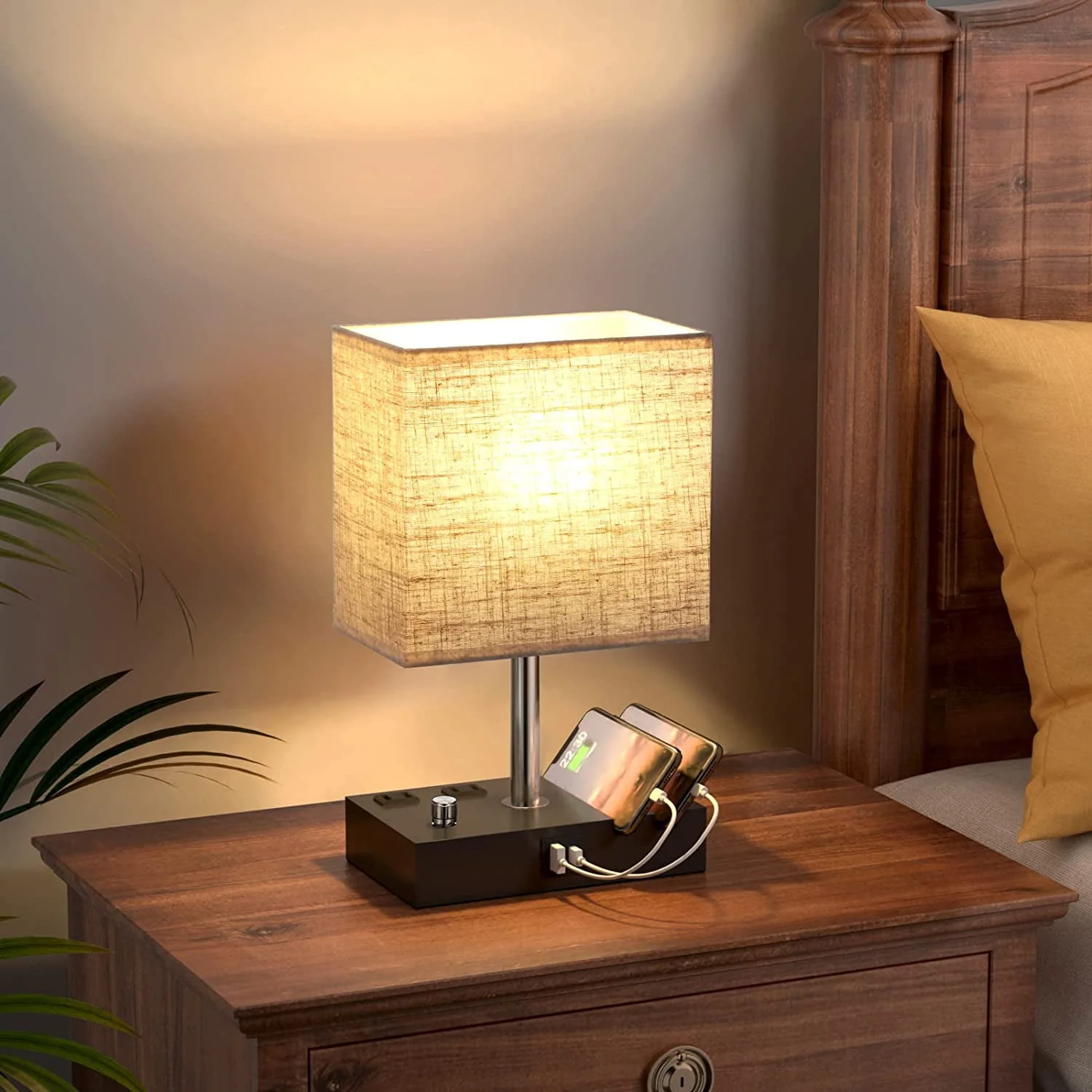 Bedside Table Lamp for Bedroom with Dual Fast USB Charging Ports, Fully Dimmable Nightstand Lamps with 2 Phone Stands and 2 Charging Outlets, Desk lamp with Fabric Shade for Living Room